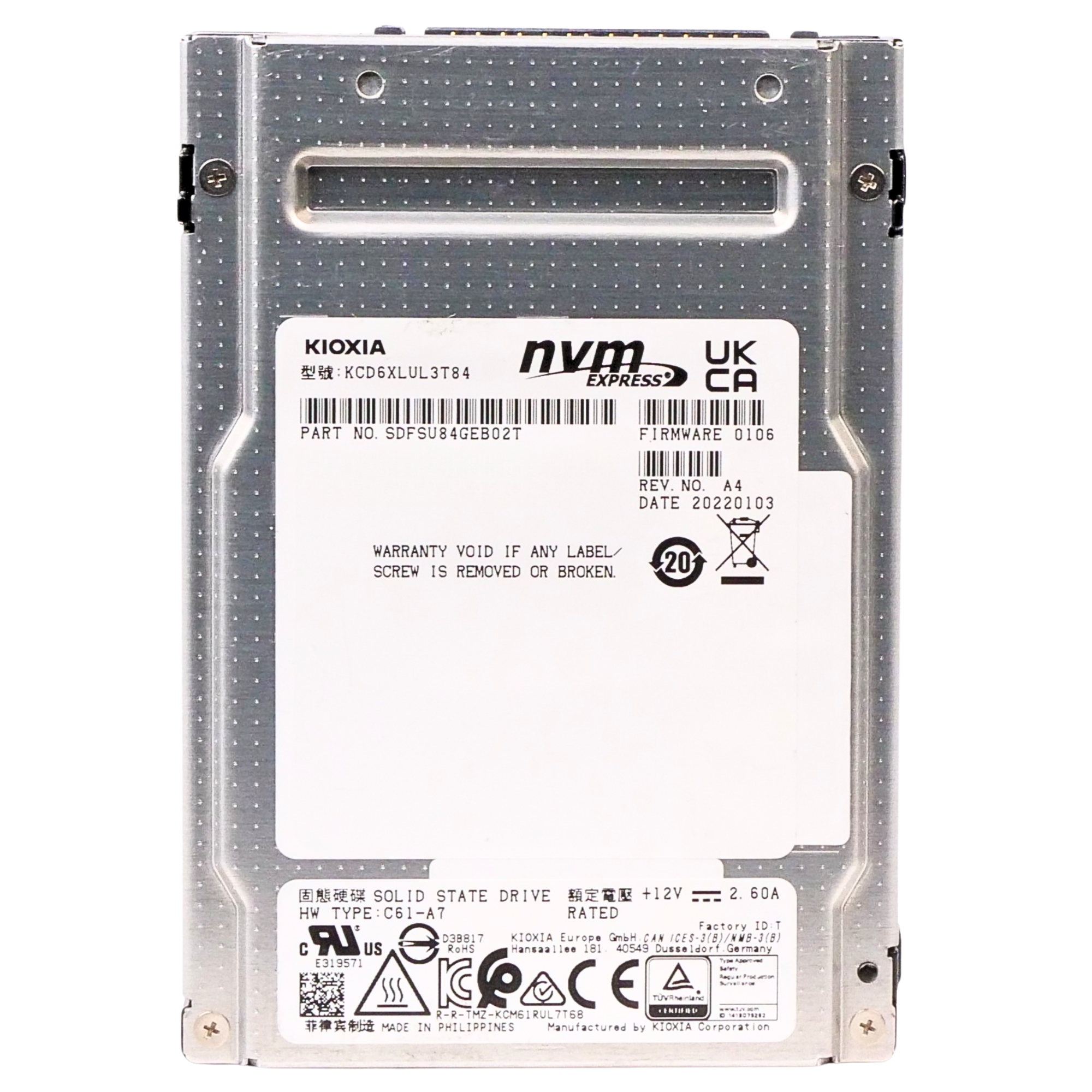 Kioxia CD6-R KCD6XLUL3T84 3.84TB 1 DWPD PCIe Gen 4.0 x4 8GB/s 3D TLC U.2 NVMe 2.5in Recertified SSD