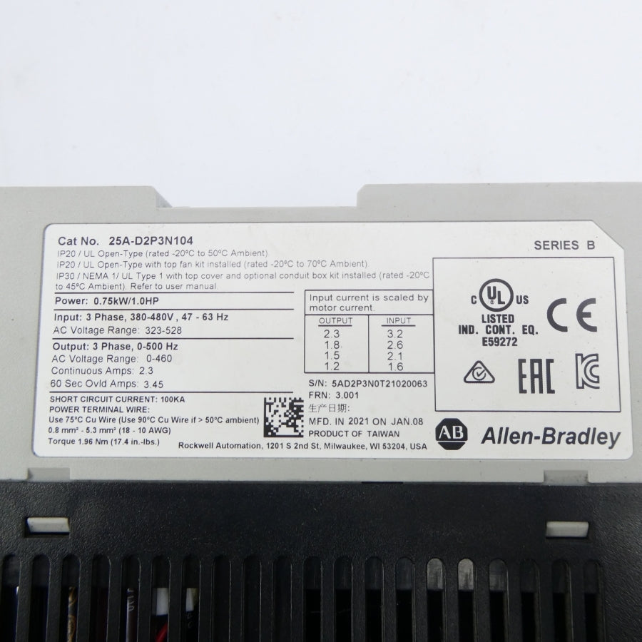 ALLEN BRADLEY 25A-D2P3N104 SER. B F/W 3.001 323-528VAC 3.2A NSNP