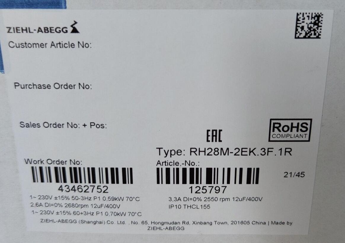 RH28M-2EK.3F.1R 125797 6SY7000-0AE32 ZIEHL-ABEGG centrifugal fan