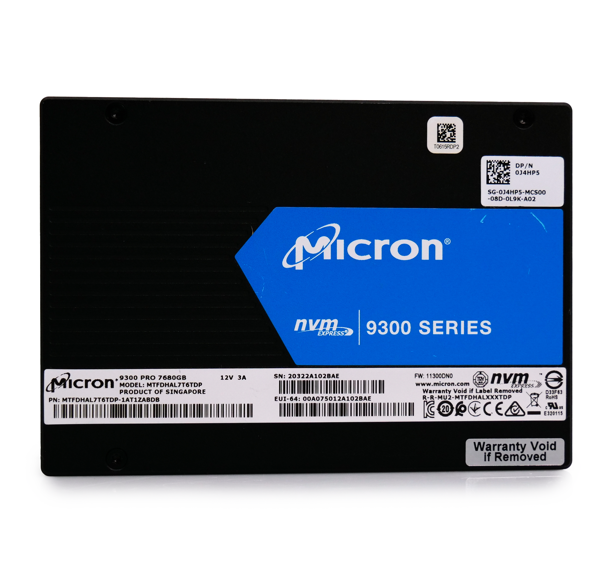 Micron 9300 Series MTFDHAL7T6TDP 0J4HP5 7.68TB 1 DWPD PCIe Gen 3.0 x4 4GB/s 3D TLC U.2 NVMe 2.5in Enterprise Solid State Drive
