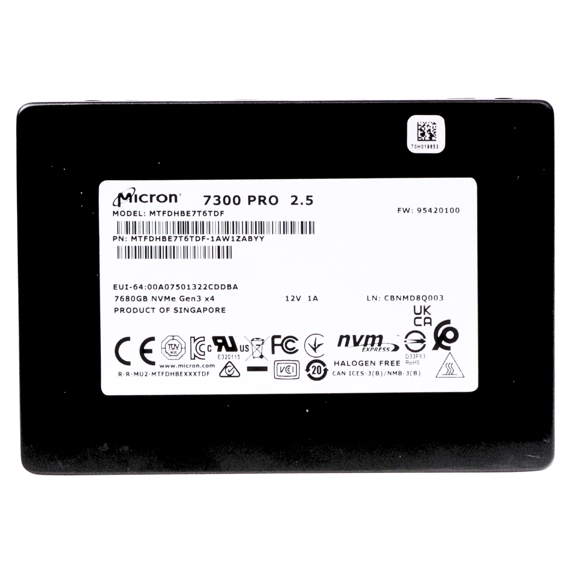 Micron 7300 PRO MTFDHBE7T6TDF 7.68TB 1 DWPD PCIe Gen 3.0 x4 4GB/s 3D TLC U.2 NVMe 2.5in SSD
