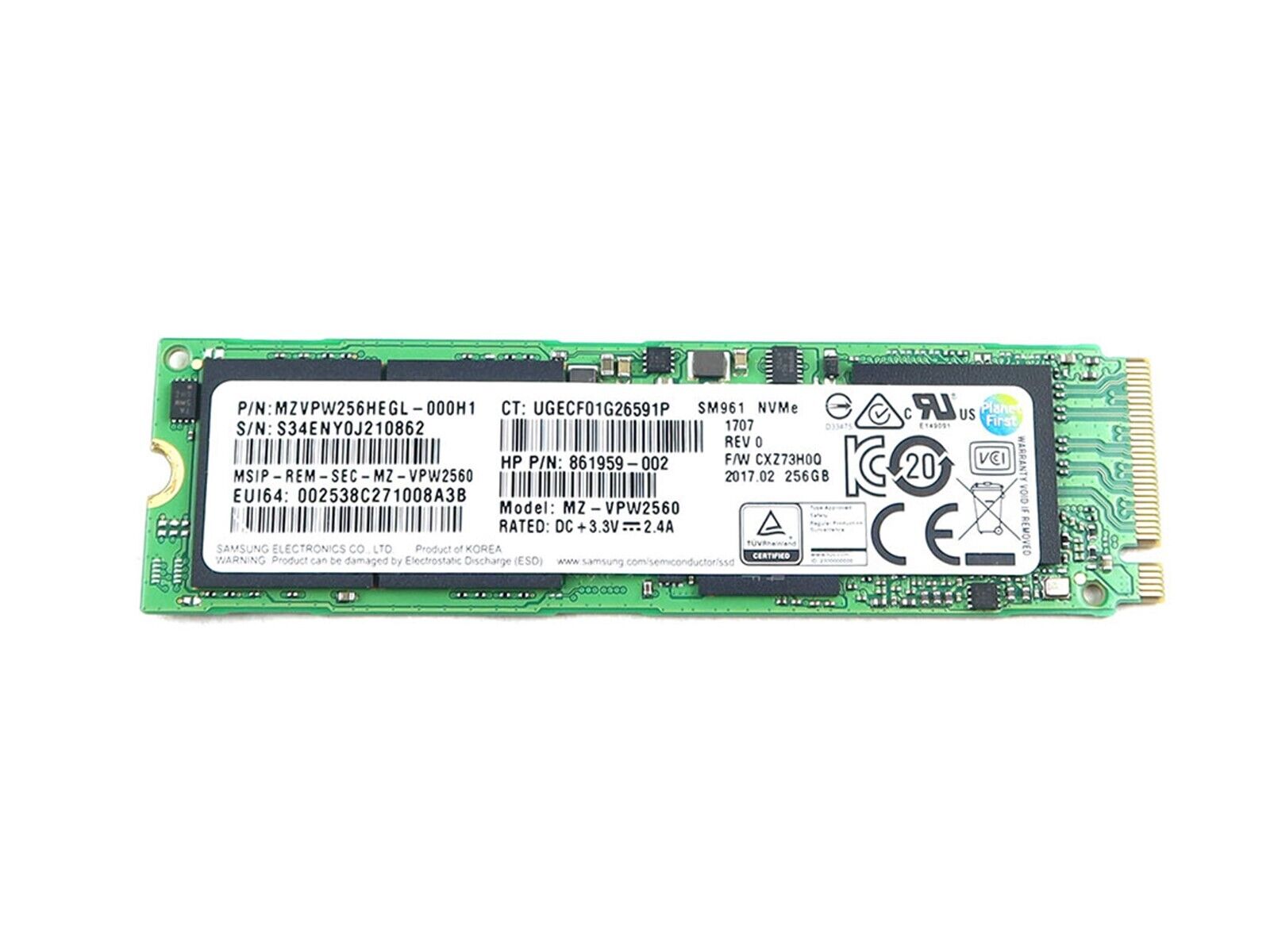 ***Used Like New***Samsung 256GB MZVPW256HEGL (NVMe) SM961 MZ-VPW2560 Gen3 M.2 80mm PCIe 3.0 x4 (HP# 861959-003 / Lenevo# SSS0L25047)   - MZVPW256HEGL-000L7 Sold State Drive