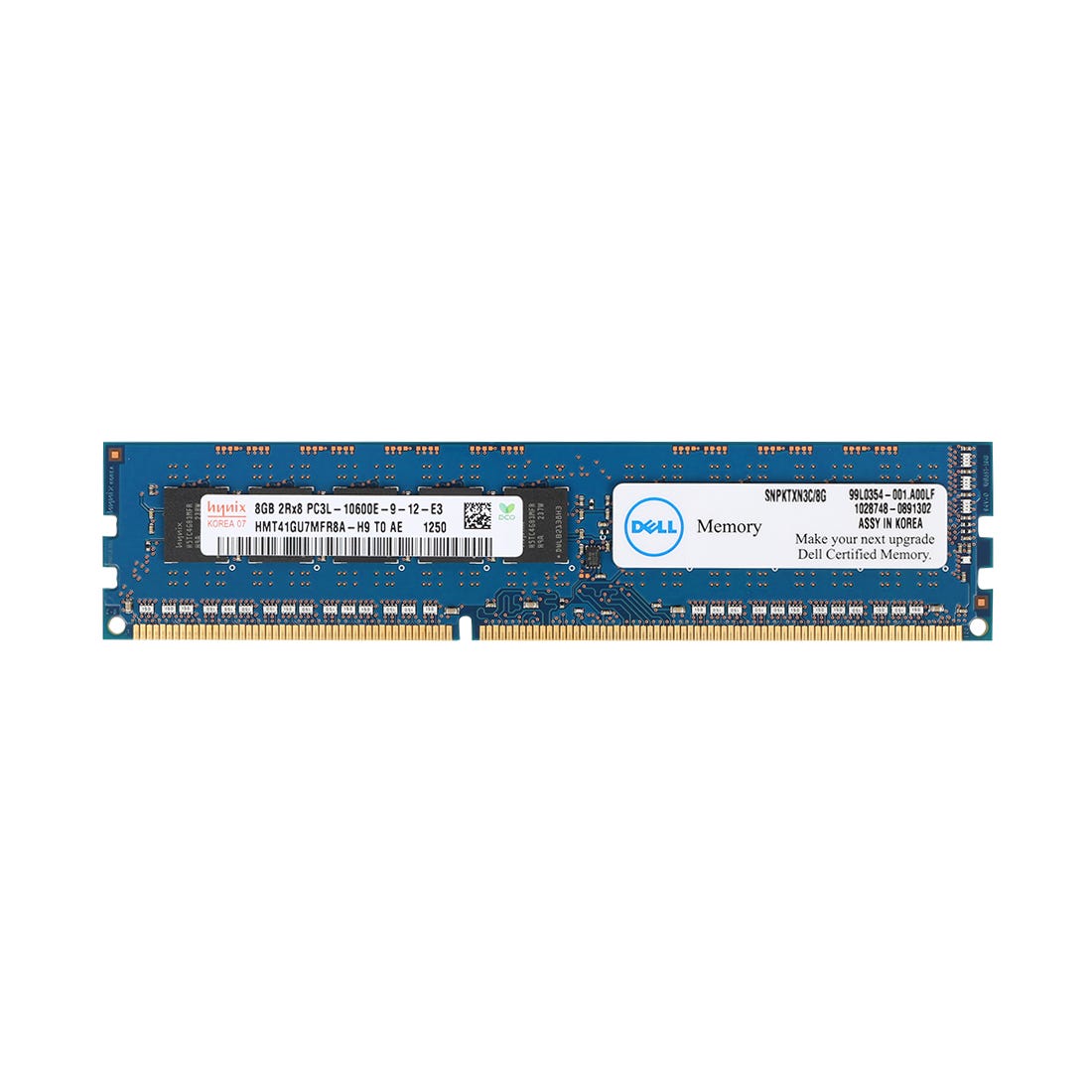 Memoria Dell 8GB DDR3L 1600MHz PC3L-12800 ECC Registrado 2Rx8 1.35volt Módulo de Memoria SDRAM para Servidores P/N: SNPPKCG9C/8G