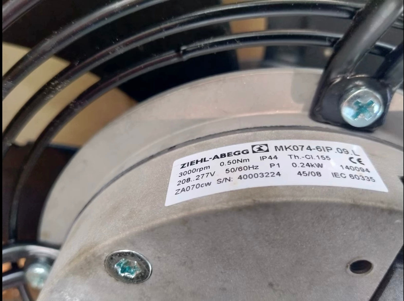 FN025-6IK.0E.V7  ZIEHL-ABEGG Axial Fan 0.23kW 200/277V 1.65/1.2A 3000rpm MK074-6IK.09.L