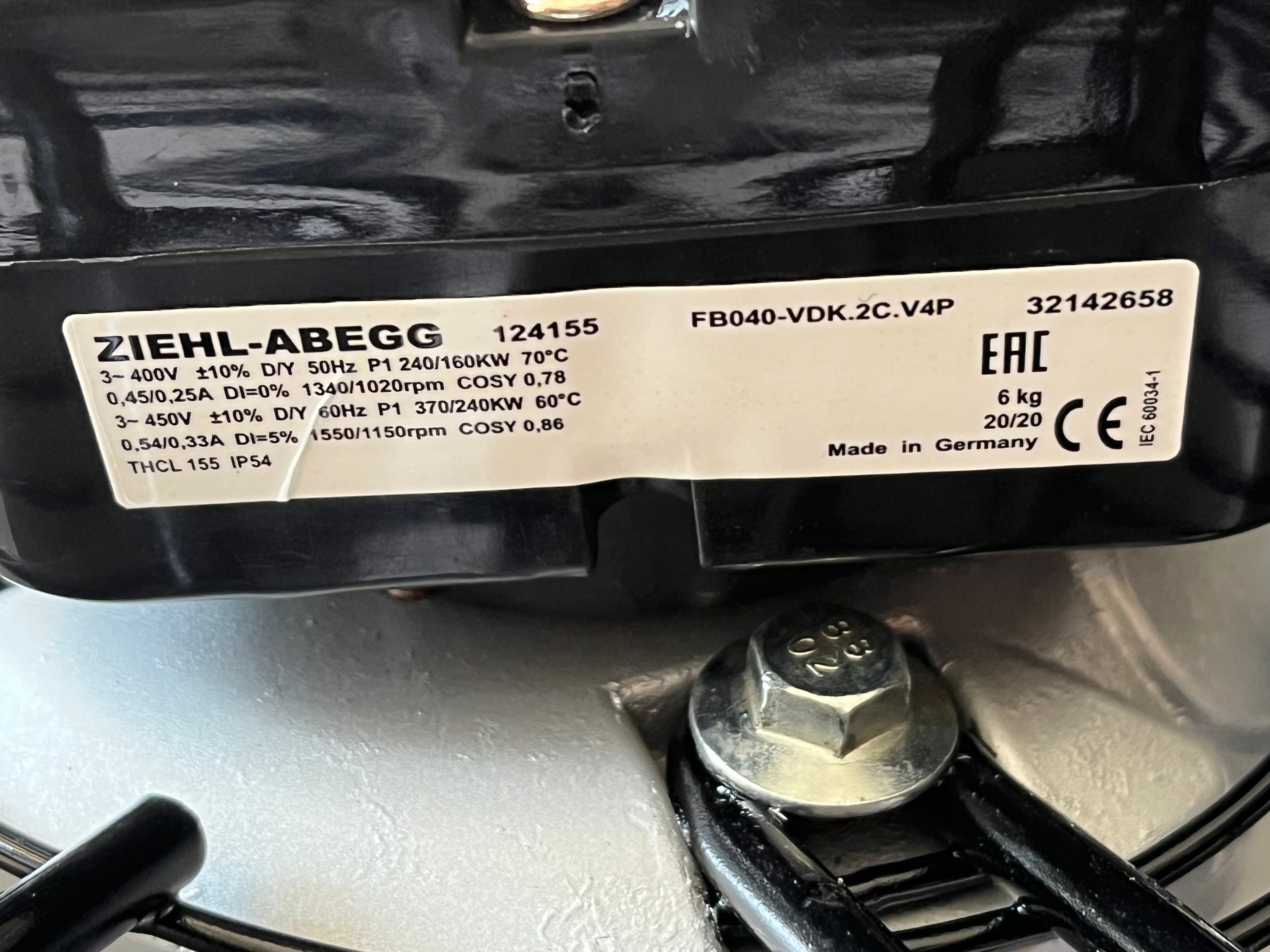 FB040-VDK.2C.V4P ZIEHL-ABEGG Axial Fan 3~400V 0.37/0.16kW 0.25/0.54A 1020/1550rpm