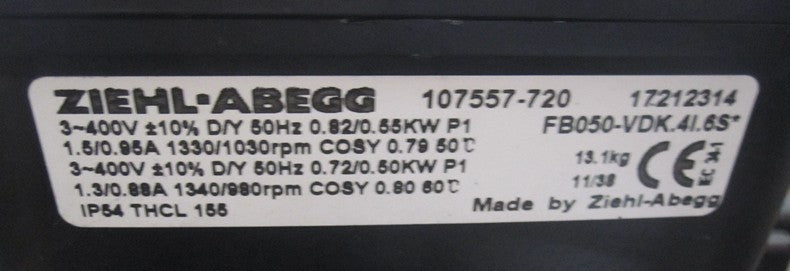 FB050-VDK.41.6S ZIEHL-ABEGG Axial Fan 3~400V 0.82/0.5kW 1.5/0.88A 1340/980rpm