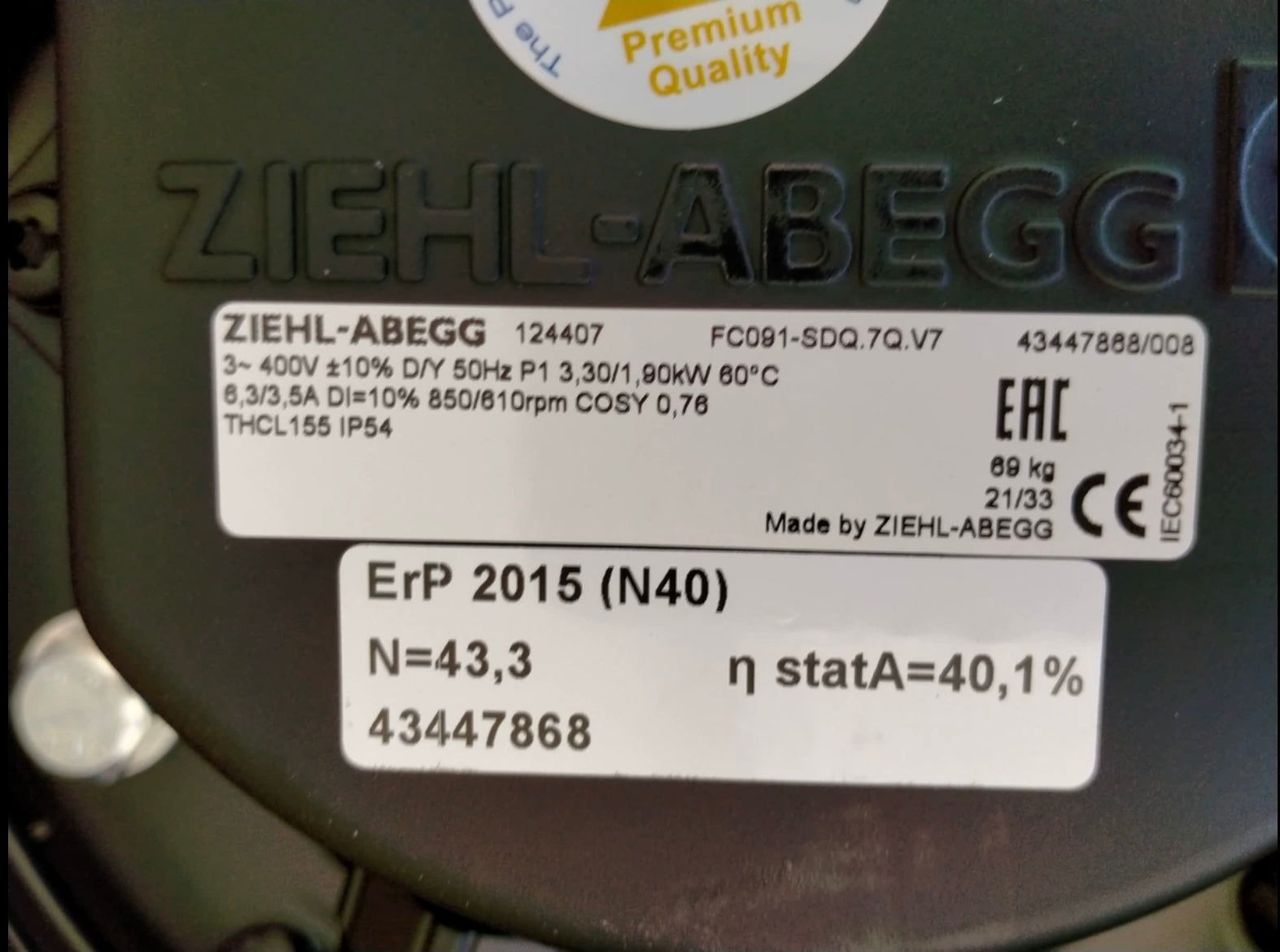 FC091-SDQ.7Q.V7  ZIEHL-ABEGG Axial Fan 3.3/1.9kW 3/400V 6.3/3.5A 850/610rpm