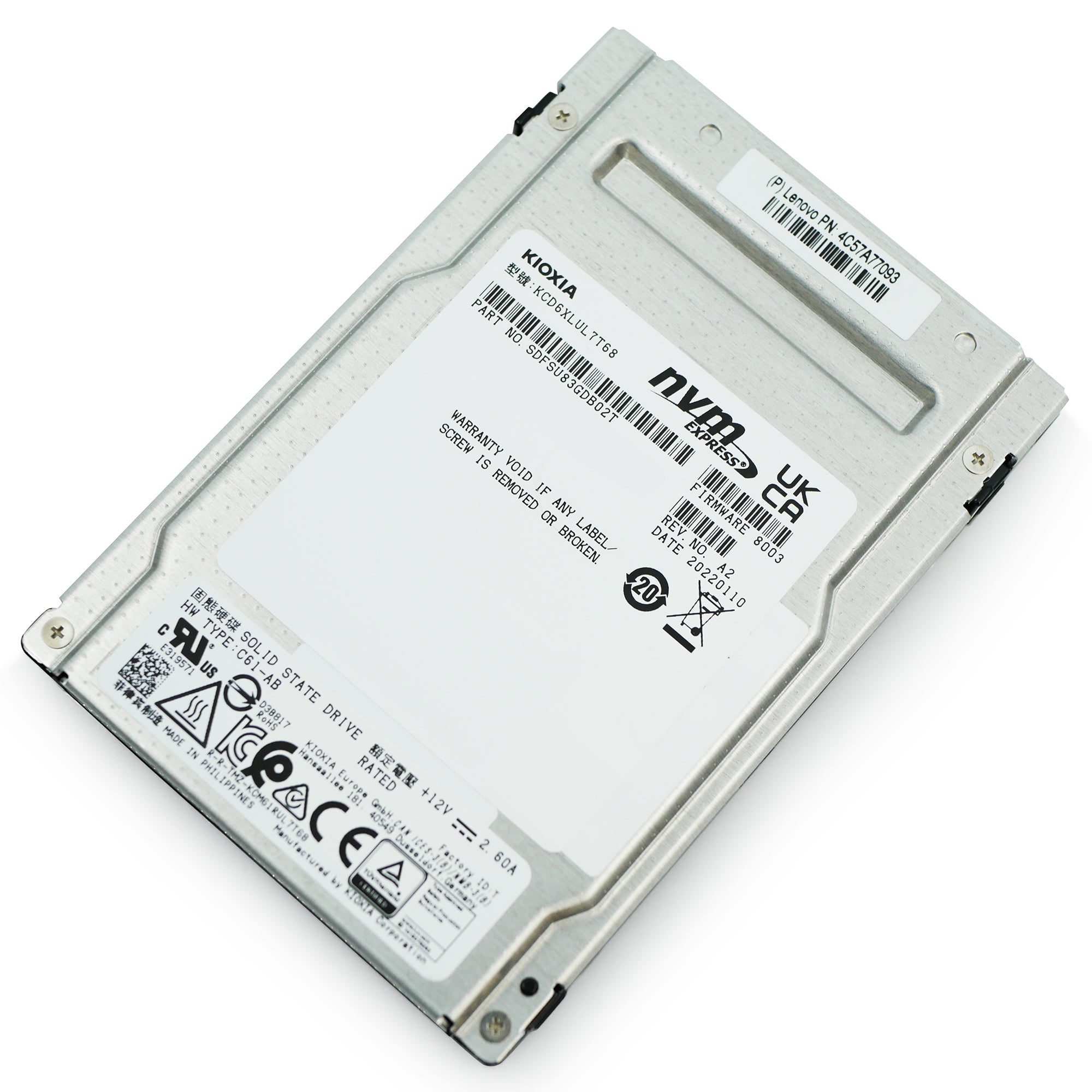 Kioxia CD6-R KCD6XLUL7T68 7.68TB 1 DWPD PCIe Gen 4.0 x4 8GB/s U.3 NVMe 2.5in Solid State Drive