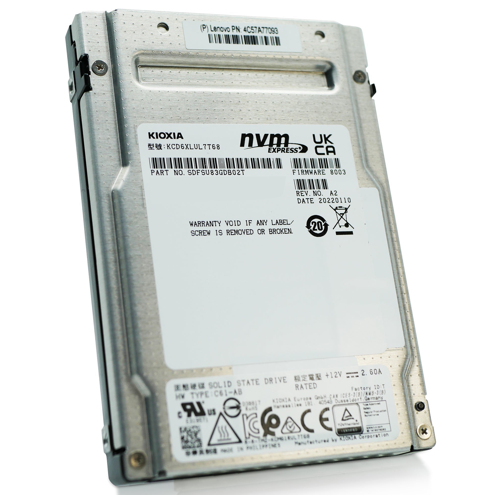 Kioxia CD6-R KCD6XLUL7T68 7.68TB 1 DWPD PCIe Gen 4.0 x4 8GB/s U.3 NVMe 2.5in Refurbished SSD