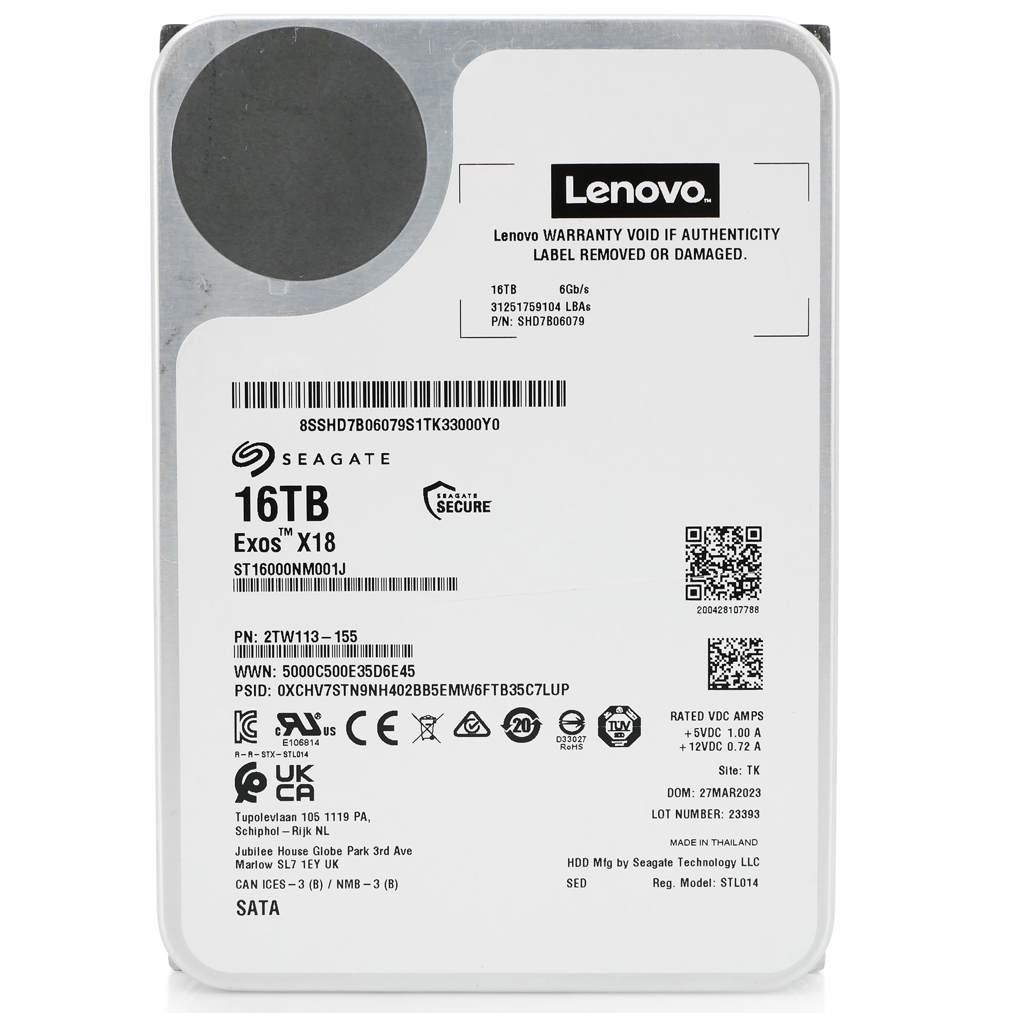 Seagate/Lenovo Exos X18 ST16000NM001J 16TB 7.2K RPM SATA 6Gb/s 512e 3.5in Refurbished HDD