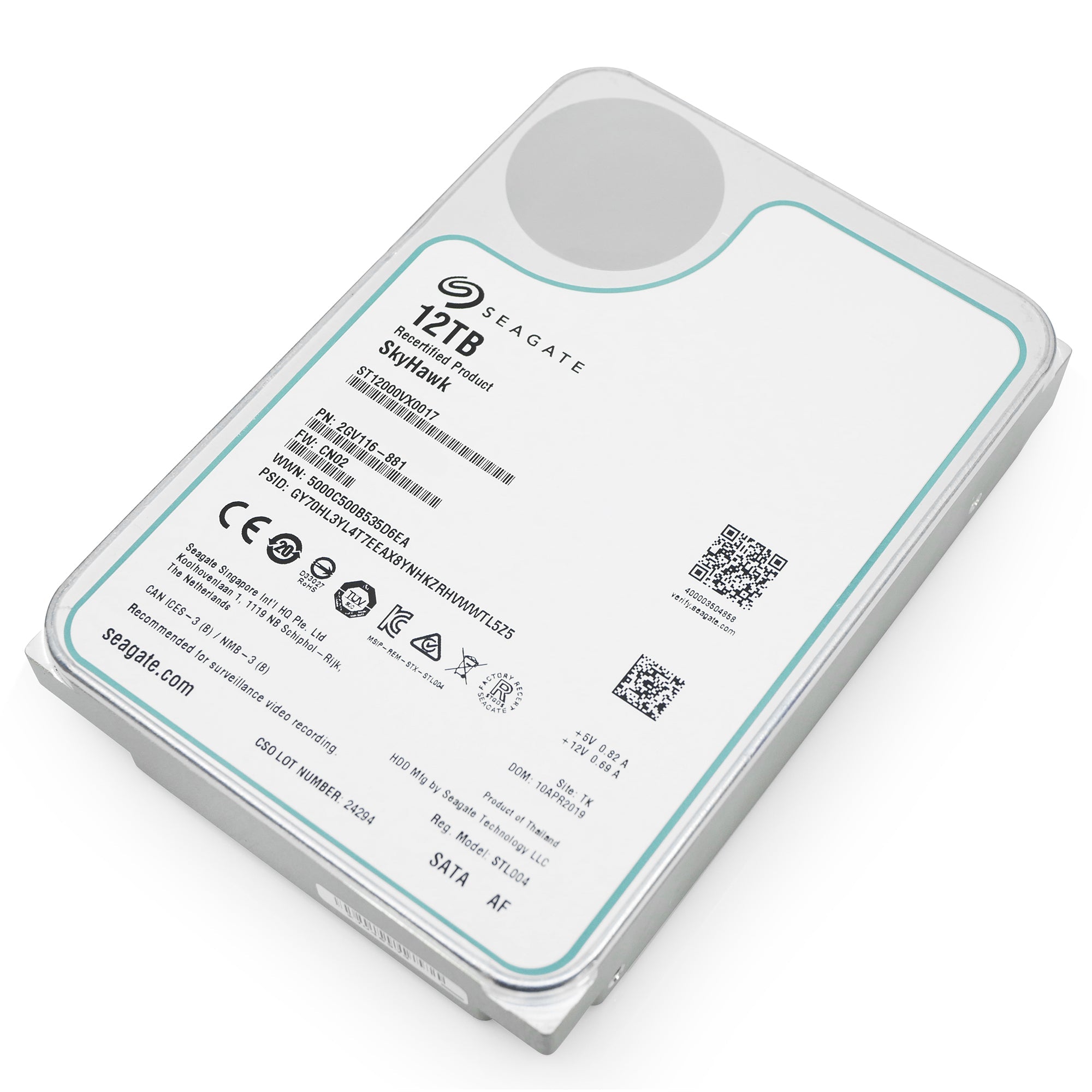 Seagate SkyHawk ST12000VX0017 12TB 7.2K RPM SATA 6Gb/s 512e 3.5in Recertified Hard Drive