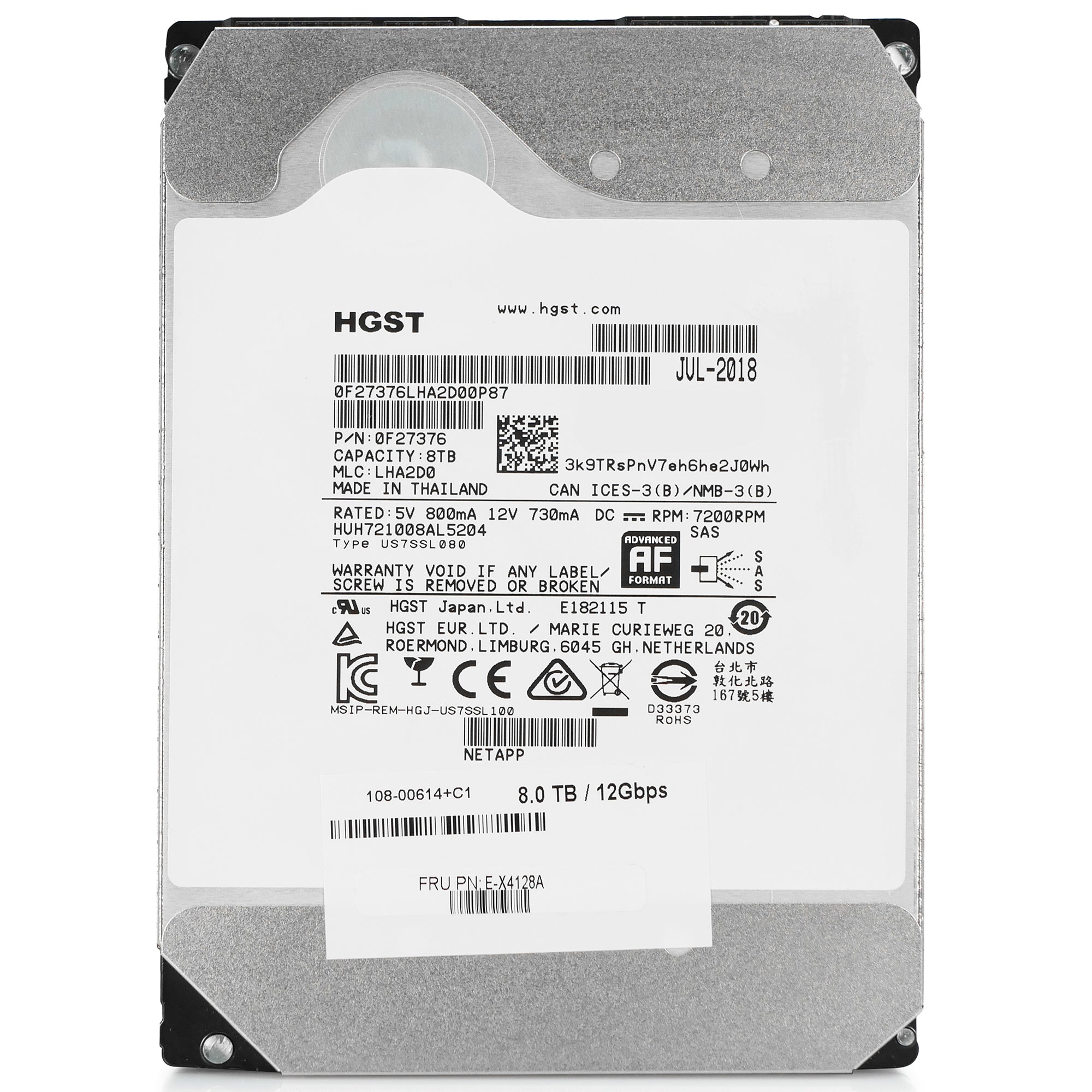 WD/HGST Ultrastar DC HC510 HUH721008AL5204 0F27376 8TB 7.2K RPM SAS 12Gb/s 512e 3.5in Refurbished HDD