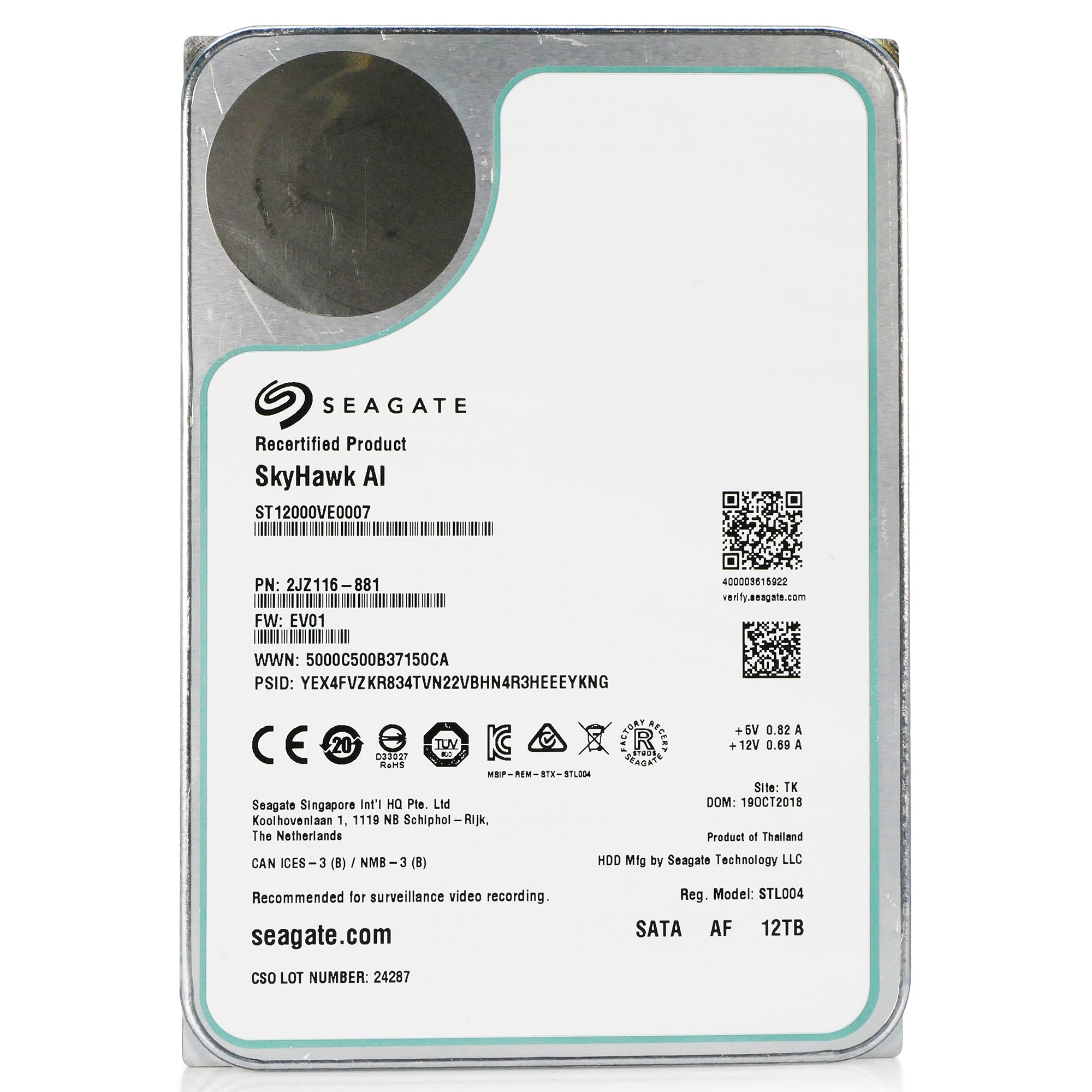 Seagate SkyHawk AI ST12000VE0007 12TB 7.2K RPM SATA 6Gb/s 512e 3.5in Recertified Hard Drive
