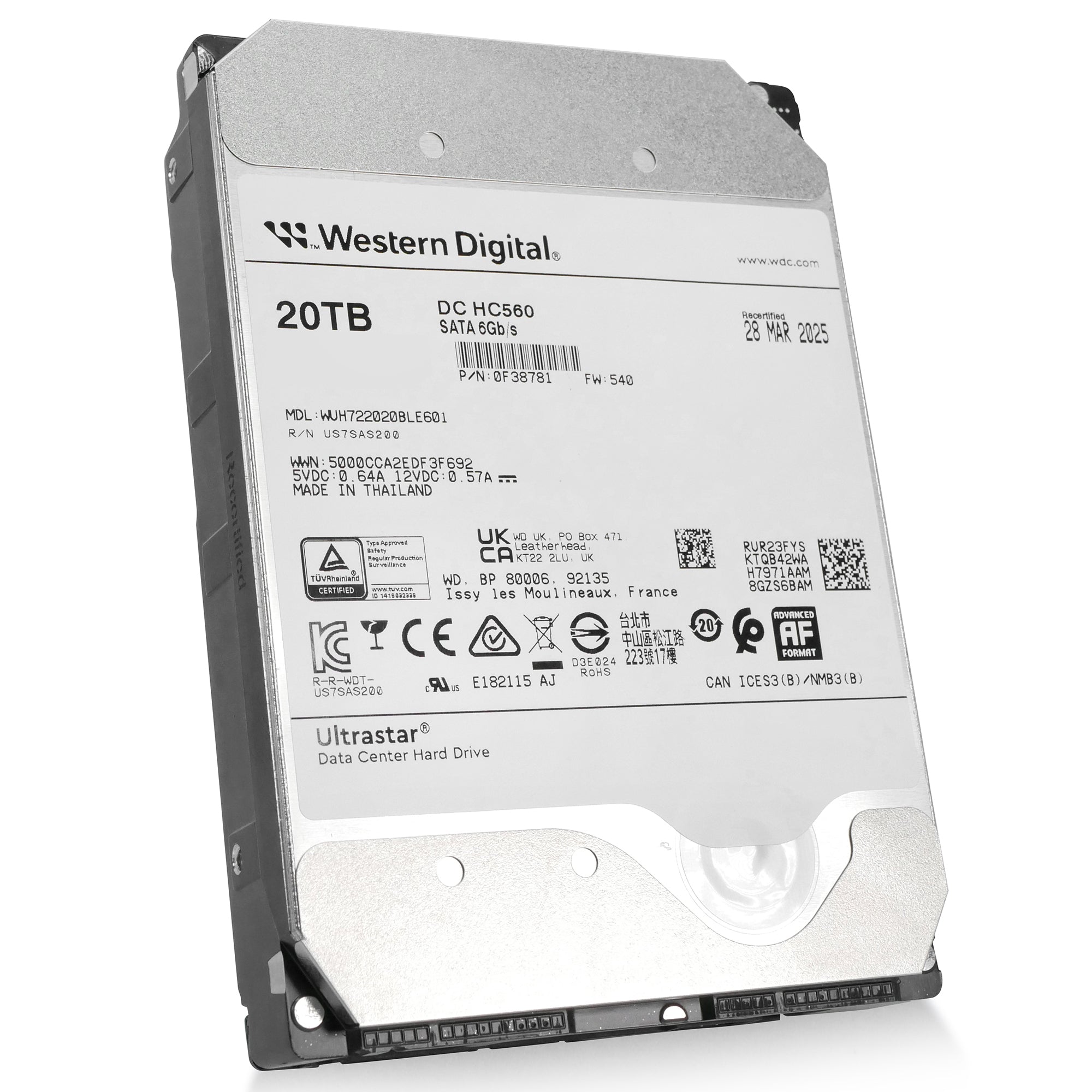 Western Digital Ultrastar DC HC560 WUH722020BLE601 0F38781 20TB 7.2K RPM SATA 6Gb/s 512e 3.5in Recertified Hard Drive