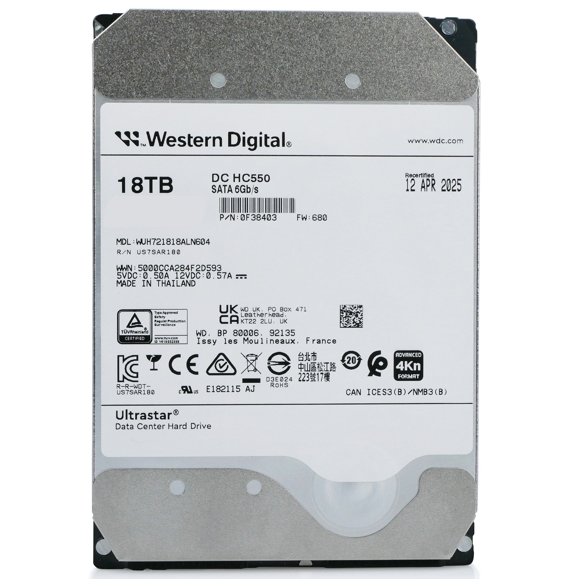 Western Digital Ultrastar DC HC550 WUH721818ALN604 0F38403 18TB 7.2K RPM SATA 6Gb/s 4Kn 3.5in Hard Drive