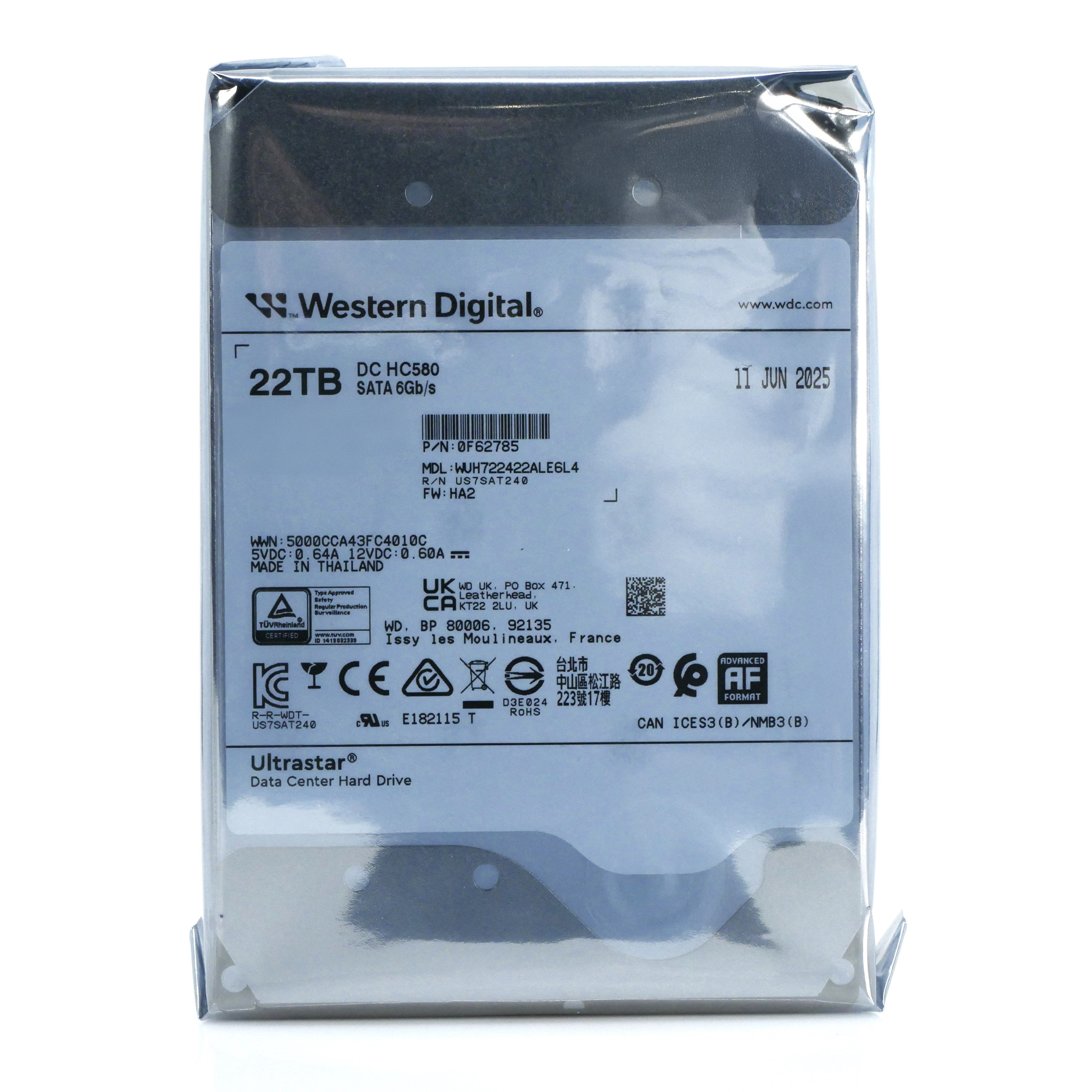Western Digital Ultrastar DC HC580 WUH722422ALE6L4 0F62785 22TB 7.2K RPM SATA 6Gb/s 512e 3.5in Hard Drive