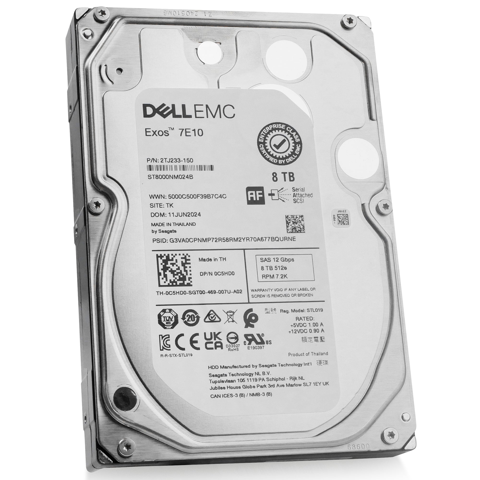 Dell/Seagate Exos 7E10 ST8000NM024B 8TB 7.2K RPM SAS 12Gb/s 512e 3.5in Hard Drive