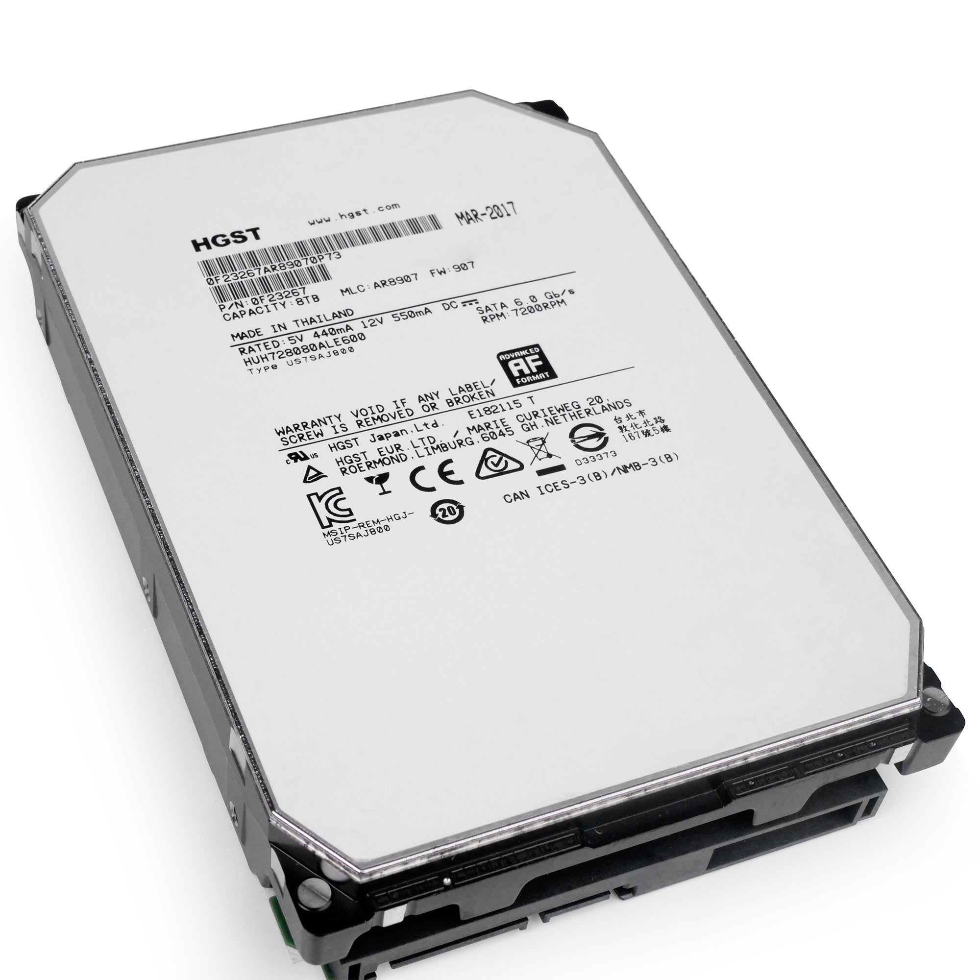 HGST Ultrastar He8 HUH728080ALE600 0F23267 8TB 7.2K RPM SATA 6Gb/s 512e 128MB 3.5" ISE HDD, front bottom angled view