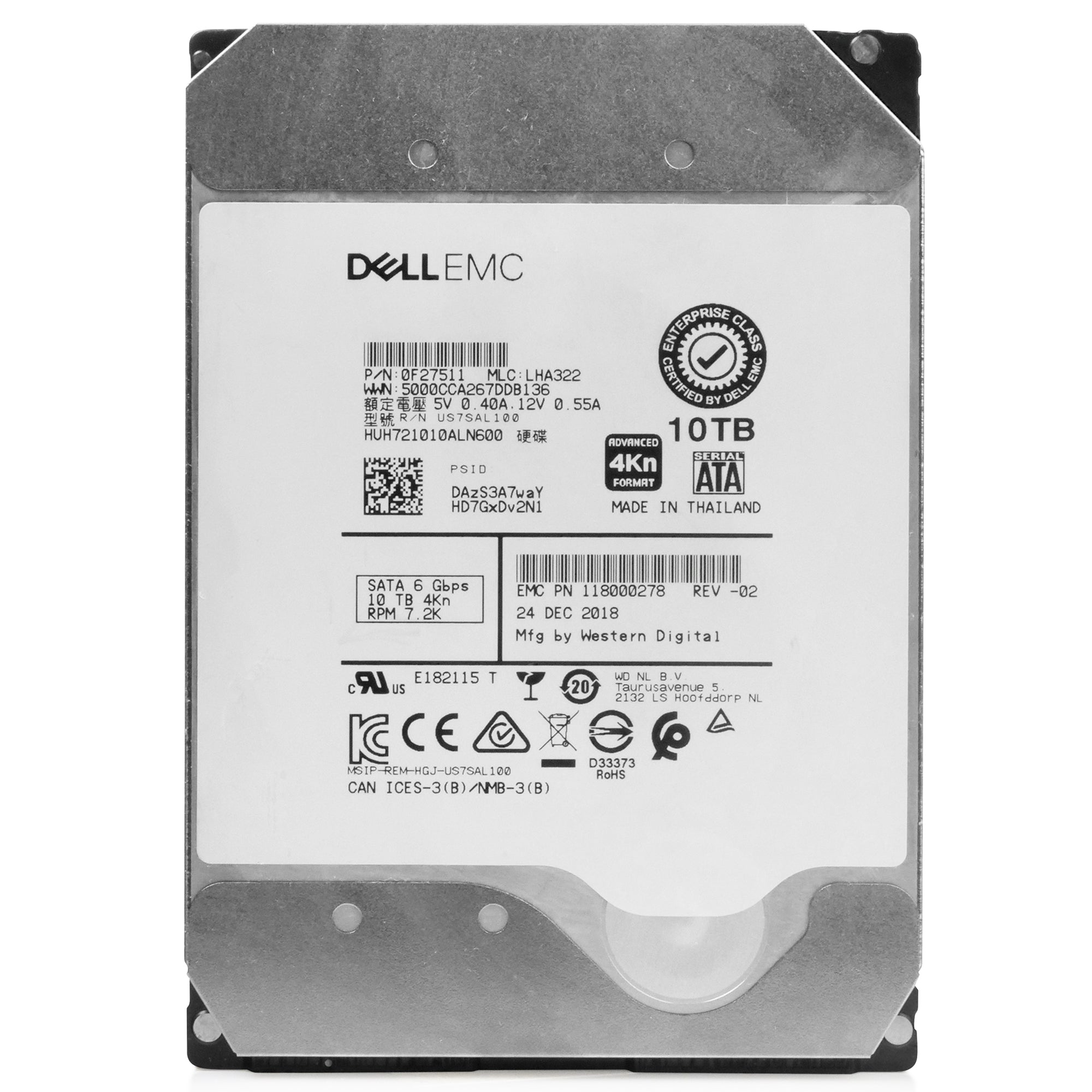 Dell/Western Digital Ultrastar DC HC510 HUH721010ALN600 0F27511 10TB 7.2K RPM SATA 6Gb/s 4Kn 3.5in Refurbished HDD
