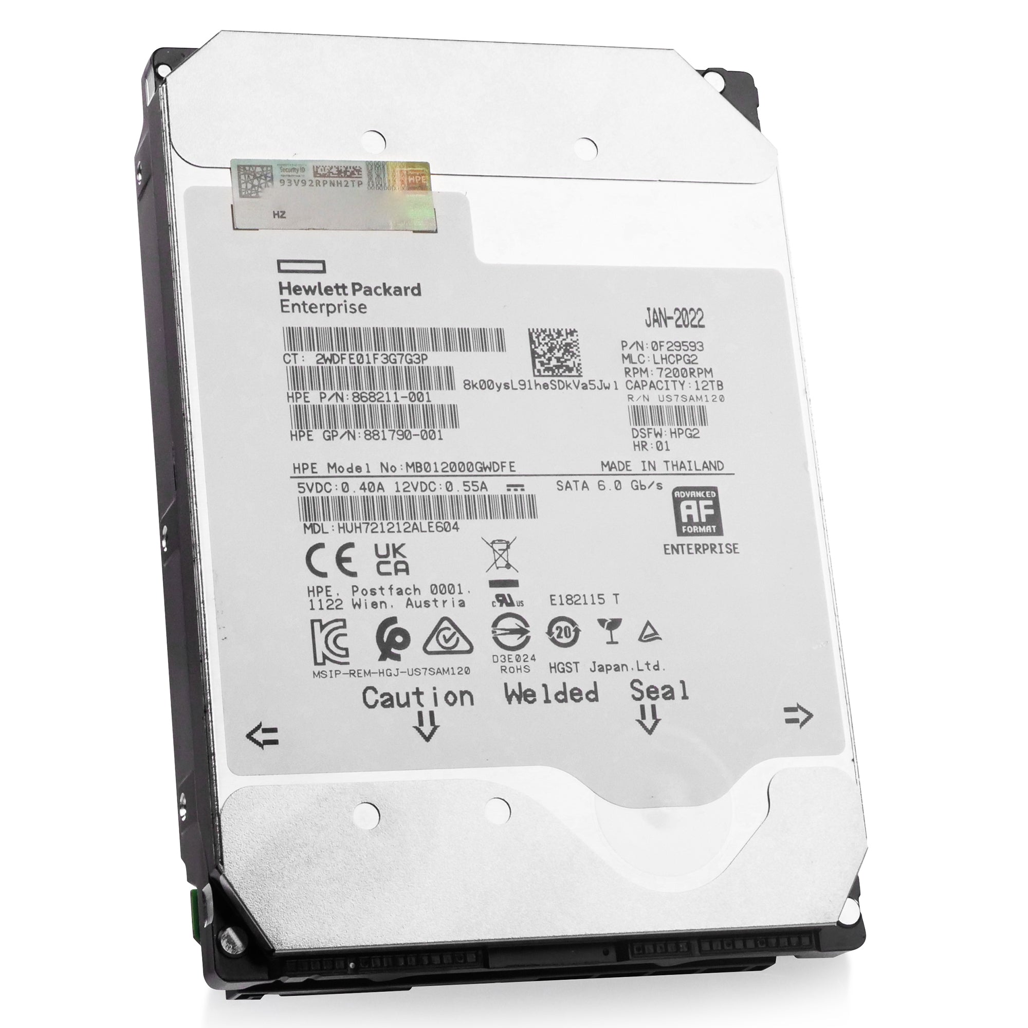HP/Western Digital Ultrastar DC HC520 HUH721212ALE604 0F29593 12TB 7.2K RPM SATA 6Gb/s 512e 3.5in Refurbished HDD