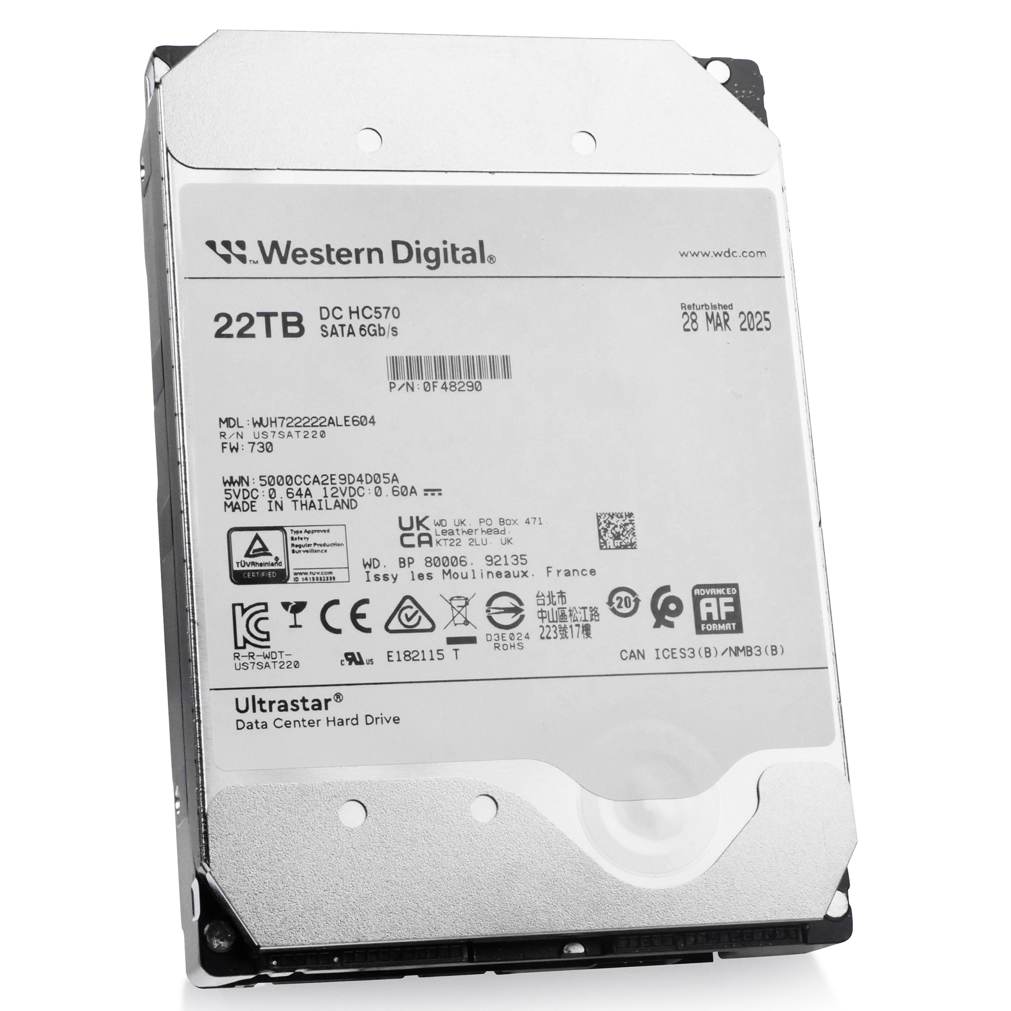 Western Digital Ultrastar DC HC570 WUH722222ALE604 0F48290 22TB 7.2K RPM SATA 6Gb/s 512e 3.5in Recertified Hard Drive