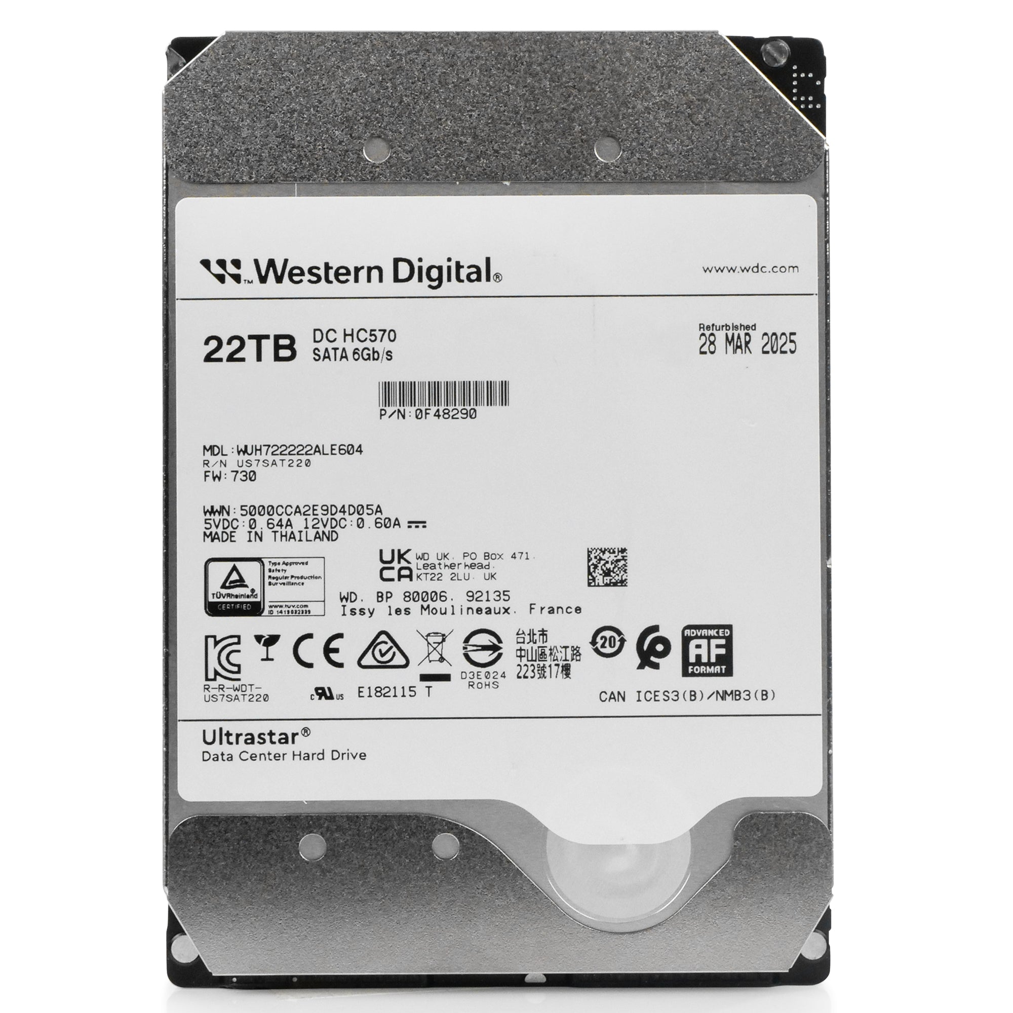 Western Digital Ultrastar DC HC570 WUH722222ALE604 0F48290 22TB 7.2K RPM SATA 6Gb/s 512e 3.5in Recertified Hard Drive