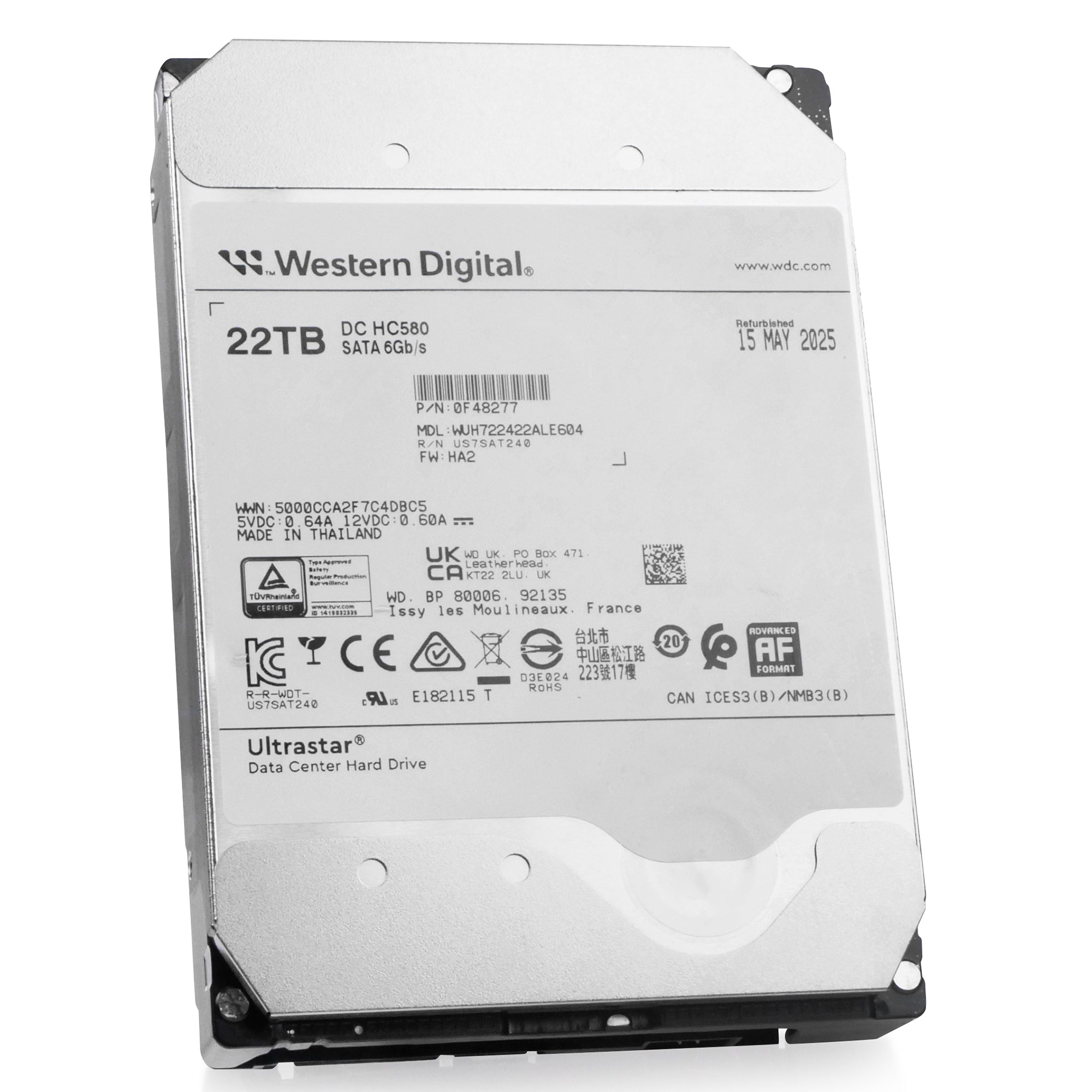 Western Digital Ultrastar DC HC580 WUH722422ALE604 0F48277 22TB 7.2K RPM SATA 6Gb/s 512e 3.5in Recertified Hard Drive