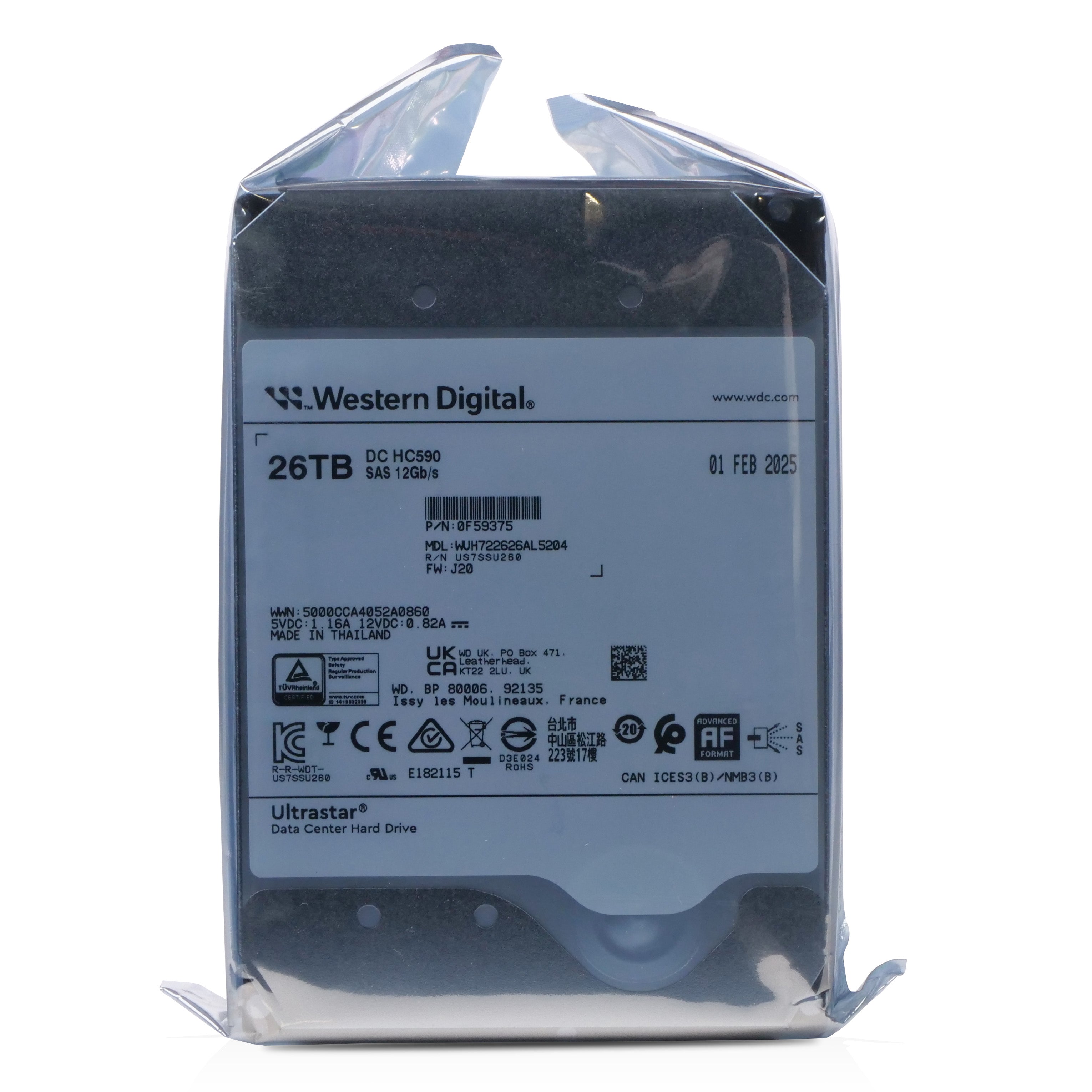 WD Ultrastar DC HC590 WUH722626AL5204 0F59375 26TB 7.2K RPM SAS 12Gb/s 512e 512MB 3.5in HDD