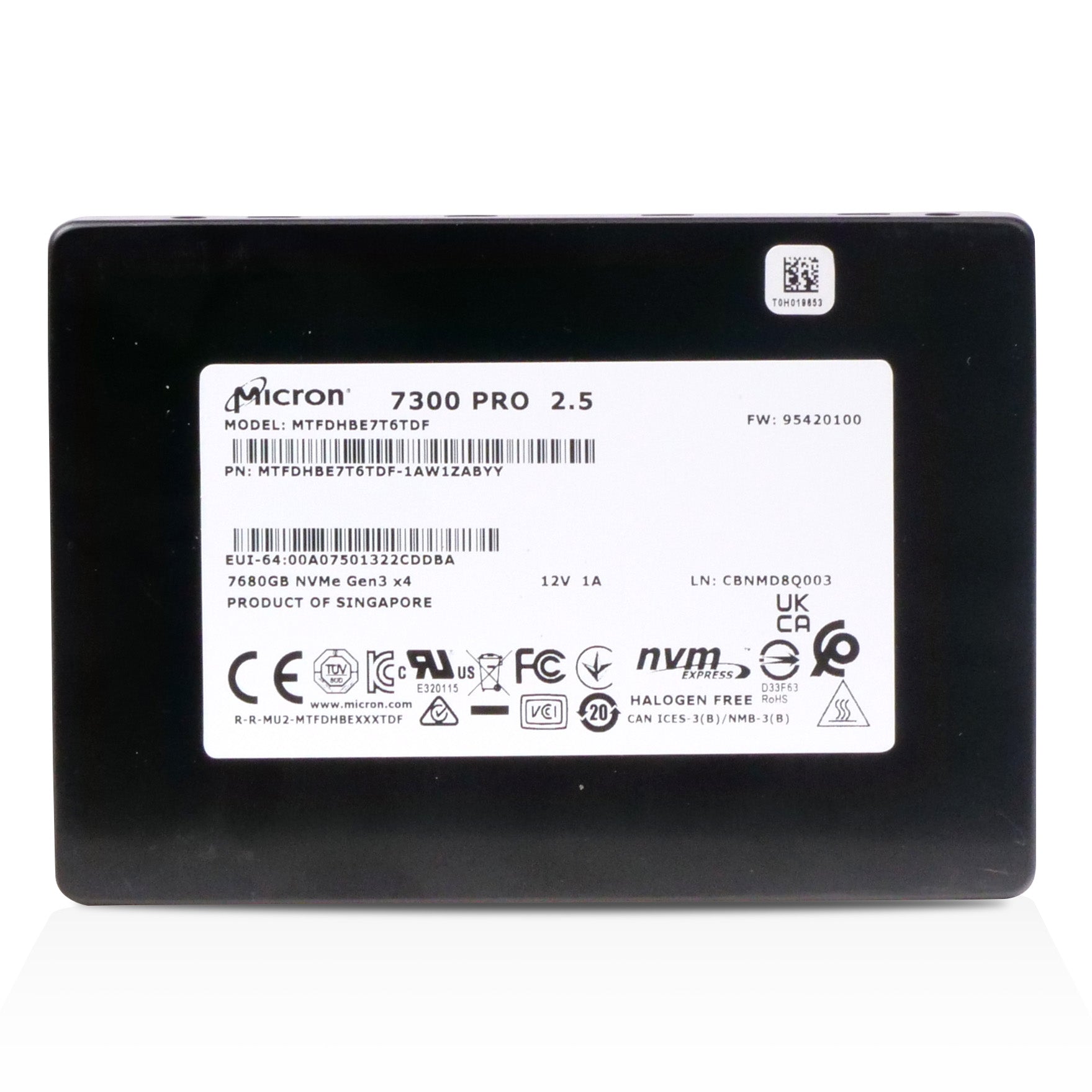 Micron 7300 PRO MTFDHBE7T6TDF 7.68TB 1 DWPD PCIe Gen 3.0 x4 4GB/s 3D TLC U.2 NVMe 2.5in Refurbished SSD