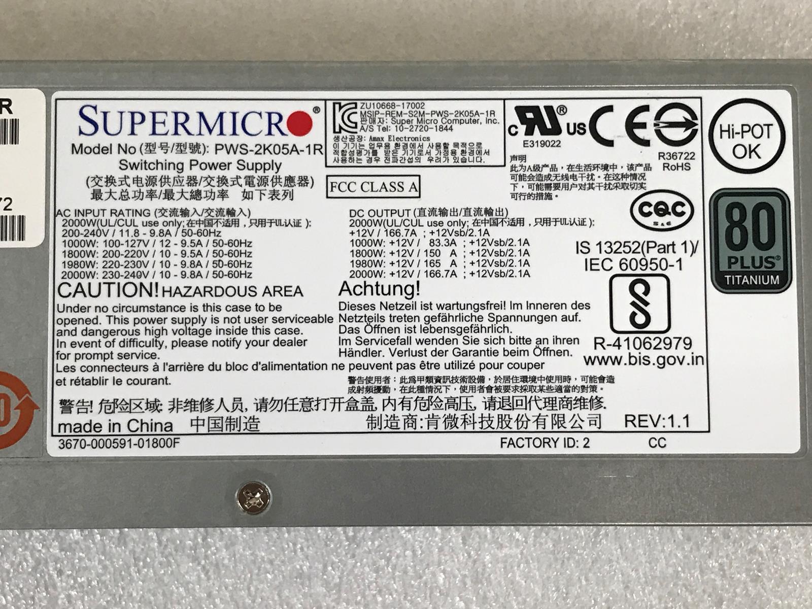 Supermicro PWS-2K05A-1R 1000W / 1800W / 1980W / 2000W 1U 80 Plus Titanium Module Type w/ PFC & PM Bus Power Supply - PWS-2K05A-1R