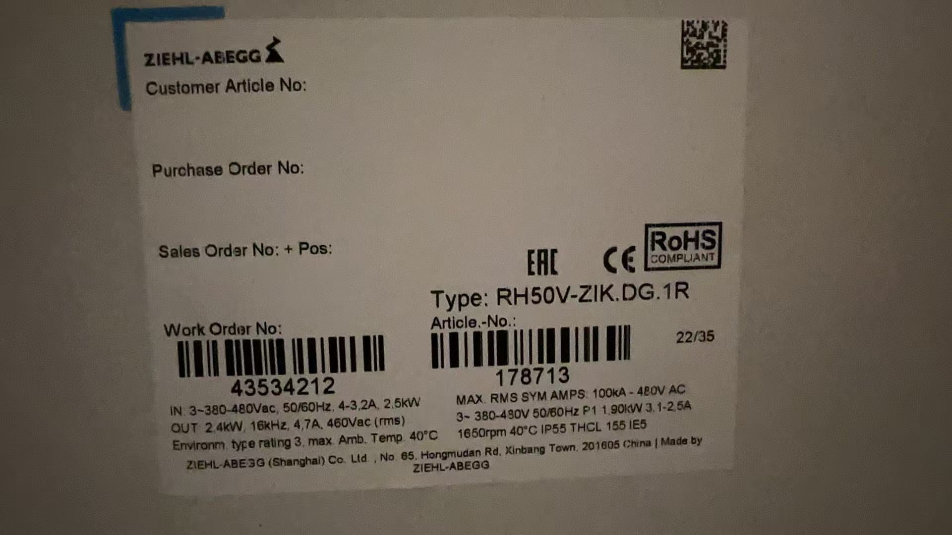 RH50V-ZIK.DG.1R ZIEHL-ABEGG centrifugal fan 380/480V 1900W 3.1/2.5A 1650rpm