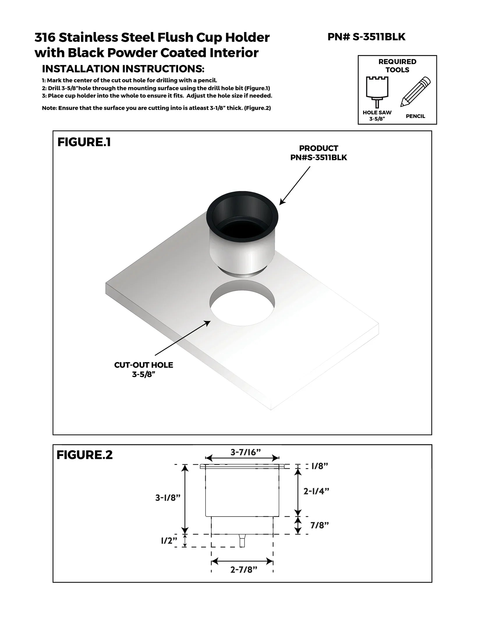 Whitecap 304 Stainless Steel Black Powder Coated Flush Drink Holder