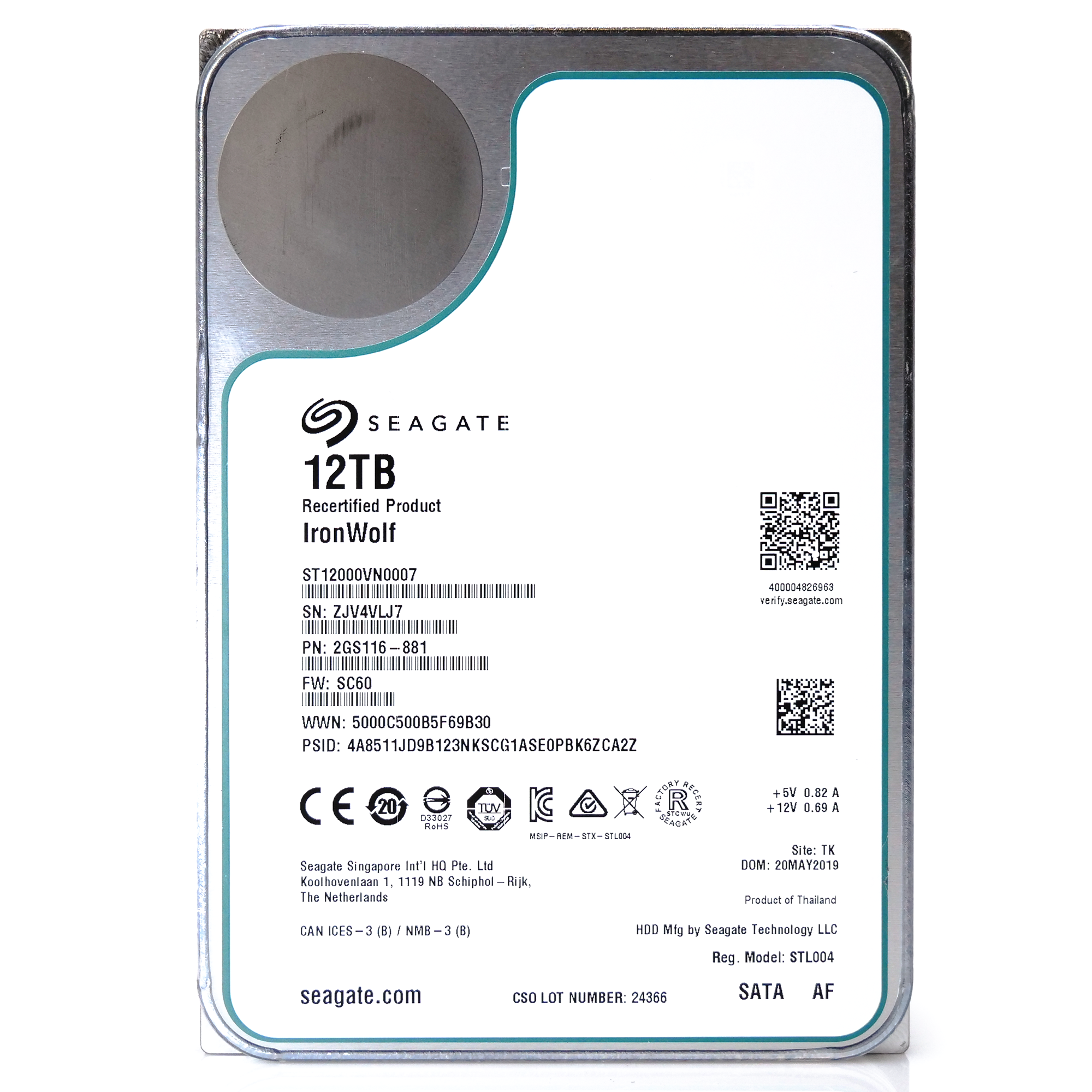 Seagate IronWolf ST12000VN0007 12TB 7.2K RPM SATA 6Gb/s 256MB 3.5" NAS Manufacturer Recertified HDD