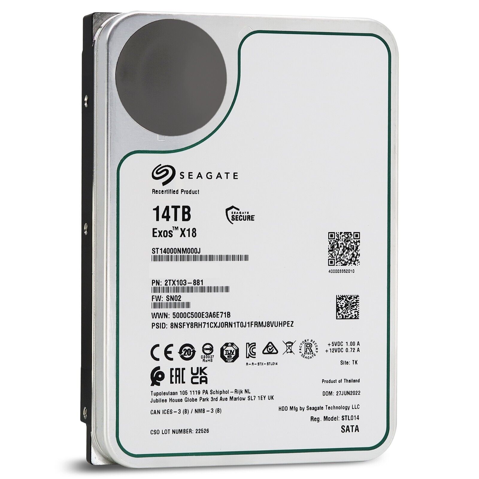 Seagate Exos X18 ST14000NM000J 14TB 7.2K RPM SATA 6Gb/s 3.5in Recertified Hard Drive