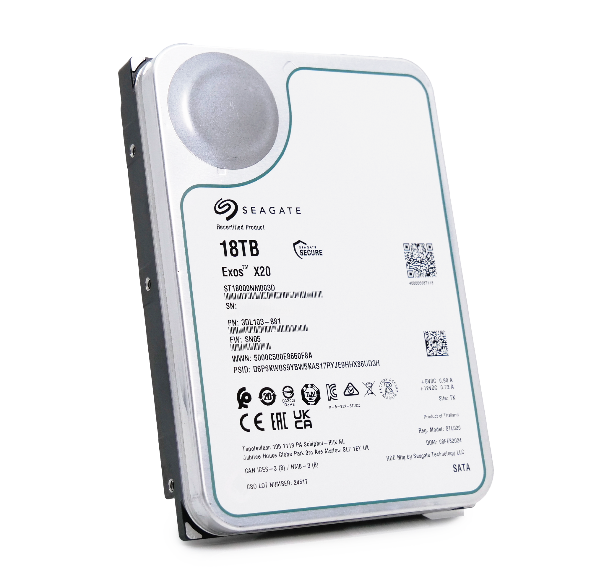 Seagate Exos X20 ST18000NM003D 18TB 7.2K RPM SATA 6Gb/s 3.5in Refurbished HDD