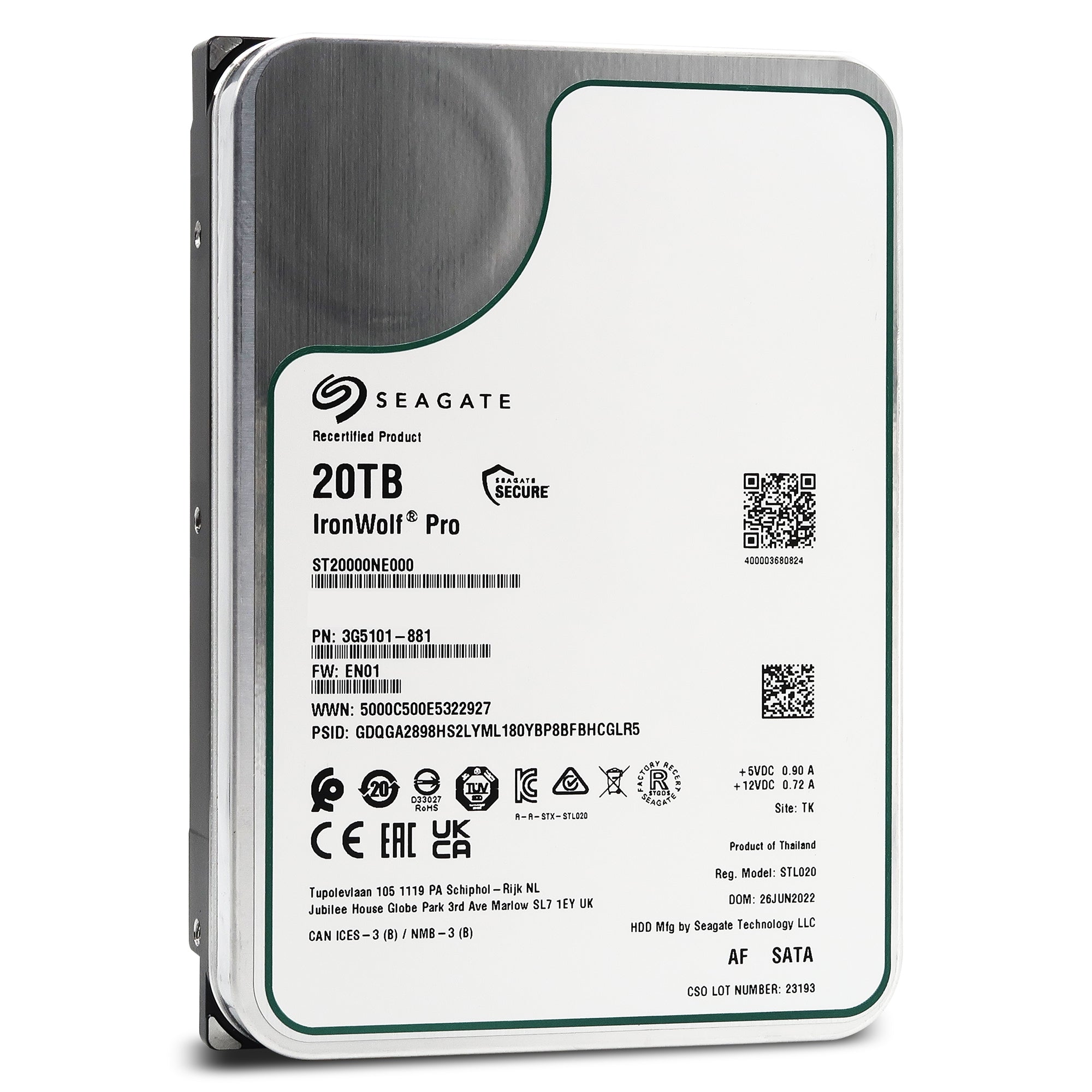 Seagate IronWolf Pro ST20000NE000 20TB 7.2K RPM SATA 6Gb/s 512e 3.5in Recertified Hard Drive