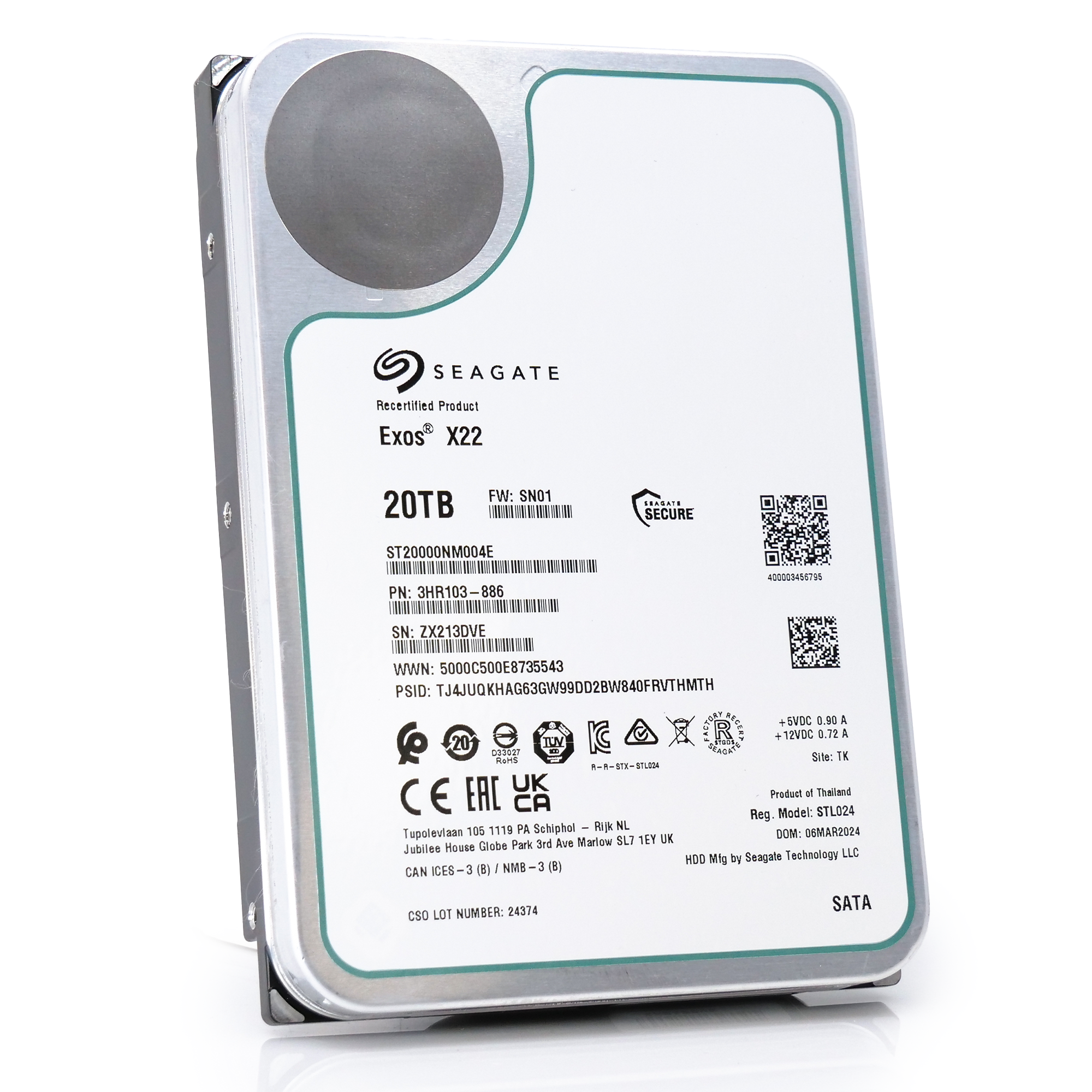 Seagate Exos X22 ST20000NM004E 20TB 7.2K RPM SATA 6Gb/s 512e 3.5in Recertified Hard Drive