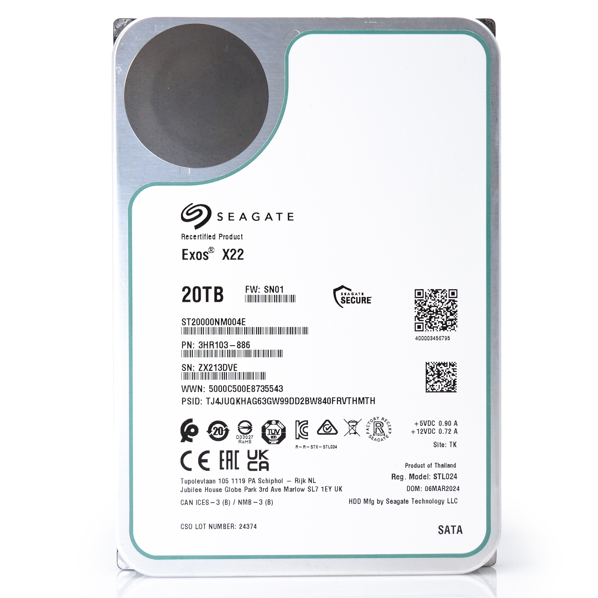 Seagate Exos X22 ST20000NM004E 20TB 7.2K RPM SATA 6Gb/s 512e 3.5in Recertified Hard Drive