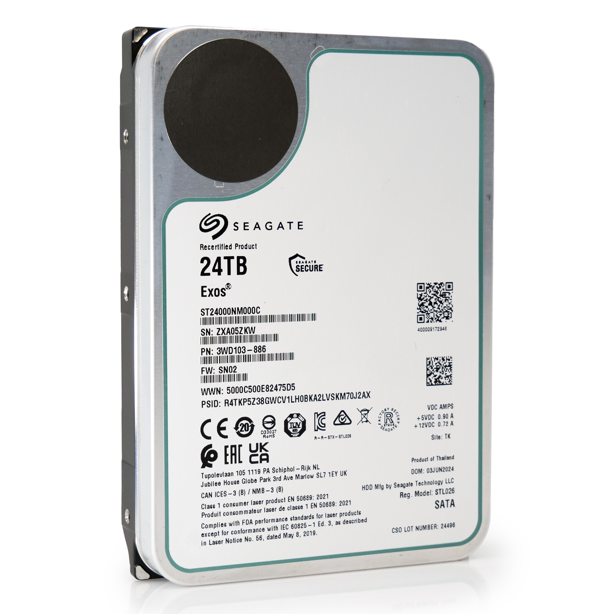 Seagate Exos ST24000NM000C 24TB 7.2K RPM SATA 6Gb/s 512e 3.5in Recertified Hard Drive