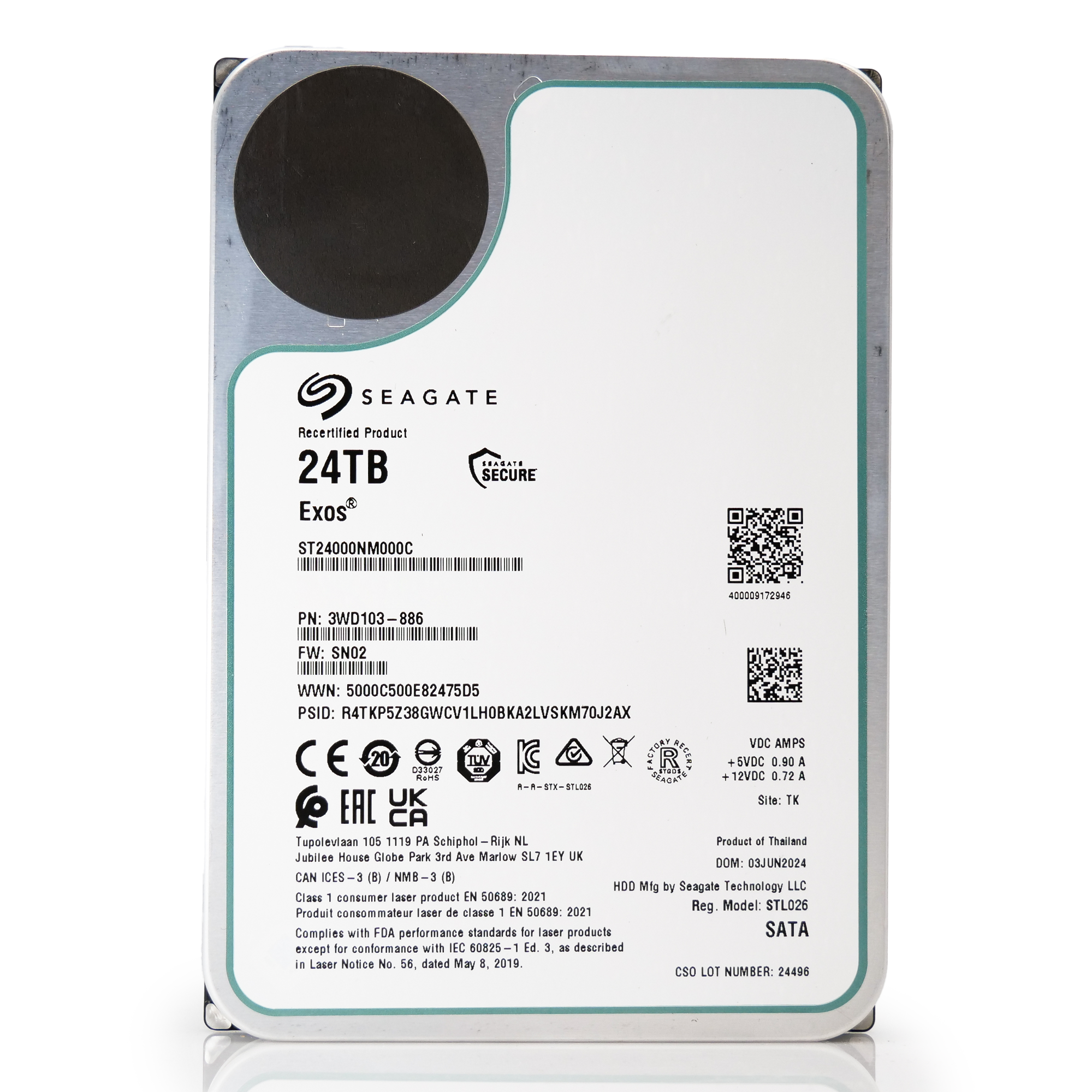 Seagate Exos ST24000NM000C 24TB 7.2K RPM SATA 6Gb/s 512e 3.5in Refurbished HDD