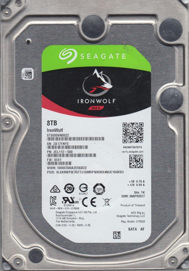 ST8000VN0022, ZA1, TK, PN 2EL112-500, FW SC61, Seagate 8TB SATA 3.5 Hard Drive