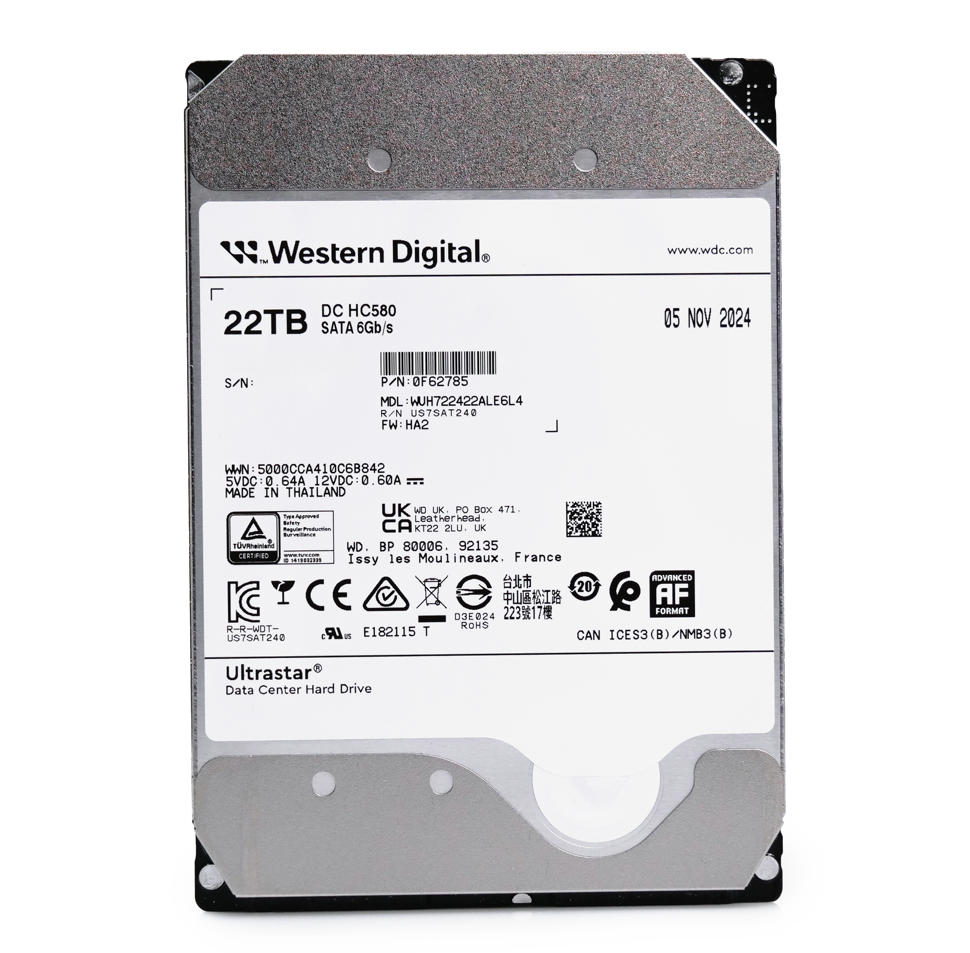 Western Digital Ultrastar DC HC580 WUH722422ALE6L4 0F62785 22TB 7.2K RPM SATA 6Gb/s 512e 3.5in Hard Drive