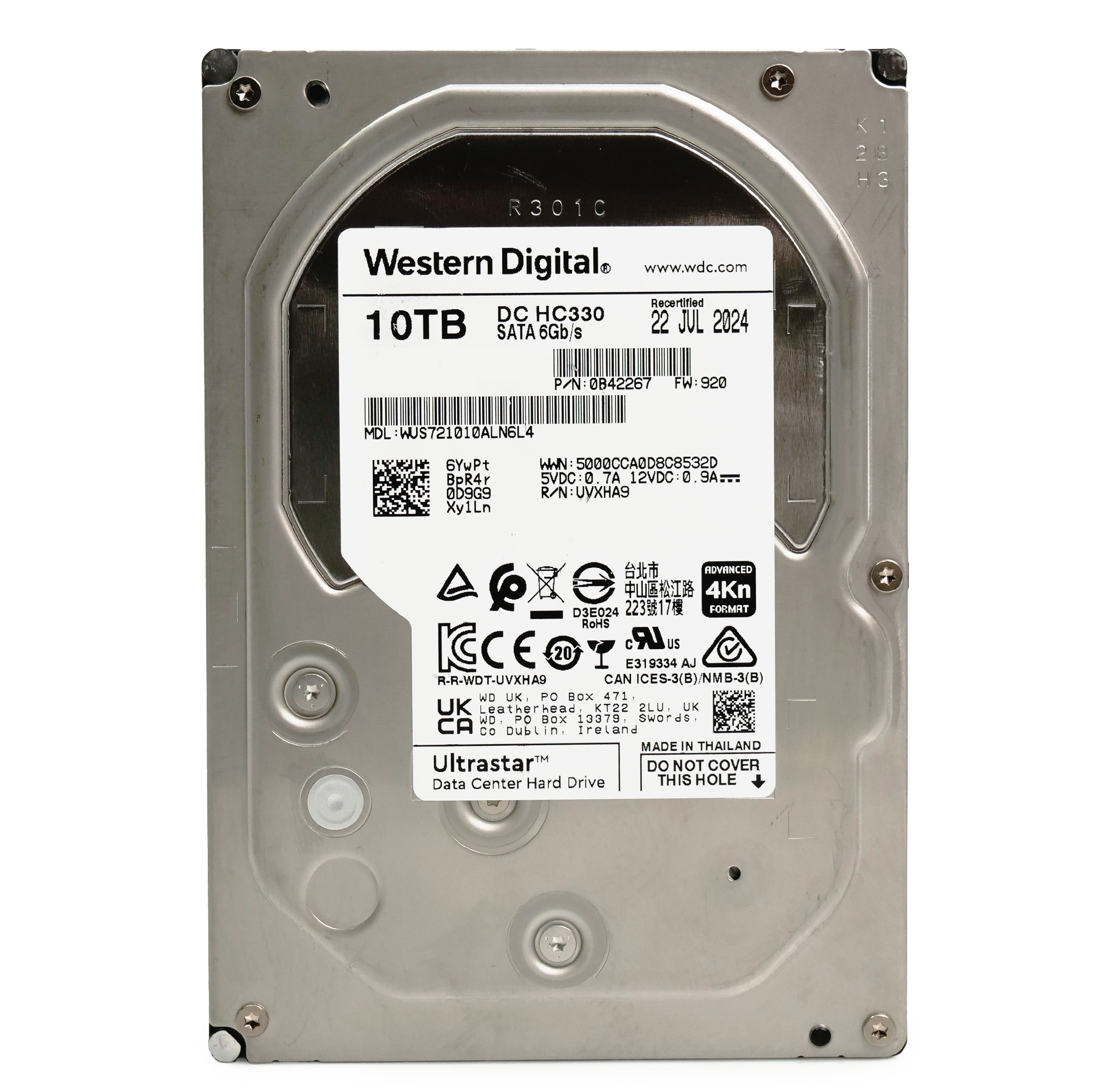 Western Digital Ultrastar DC HC330 WUS721010ALN6L4 0B42267 10TB 7.2K RPM 4kn SATA 6Gb/s 512e 3.5in Recertified Hard Drive
