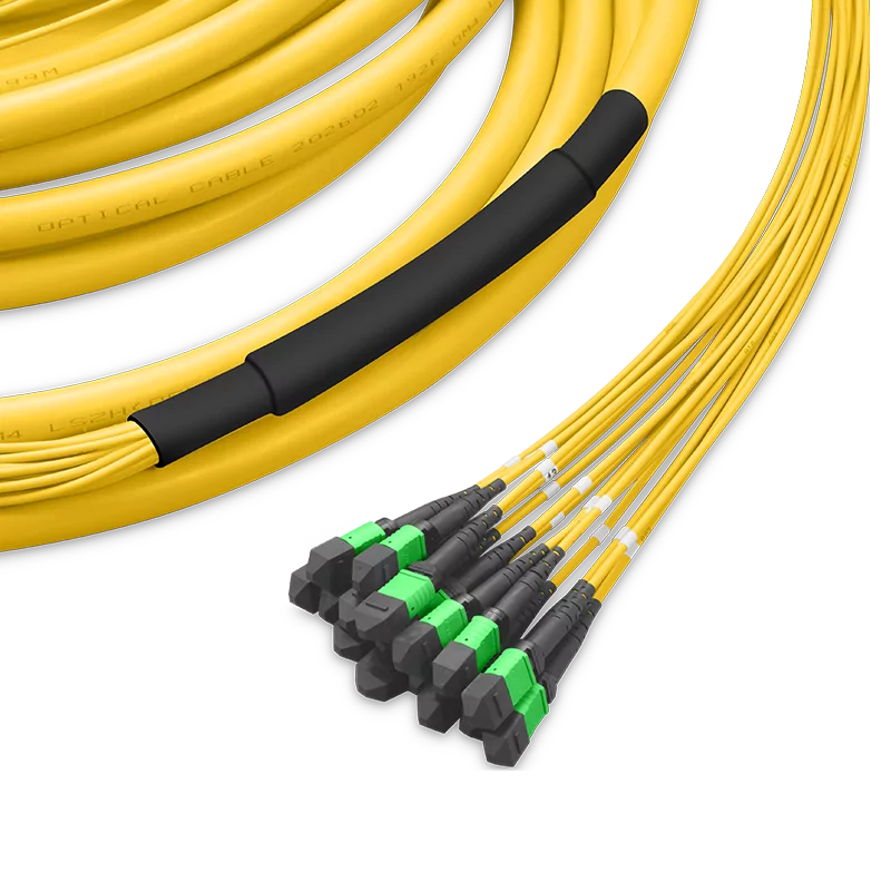Pre-terminated MPO 2x2 Shuffle Trunk Cable, 128 Fibers, 16 x MPO-8 APC (Male) to 16 x MPO-8 APC (Male), Single Mode (OS2), Type 2, OFNP, 0.35dB Max, Breakout 80cm, Yellow