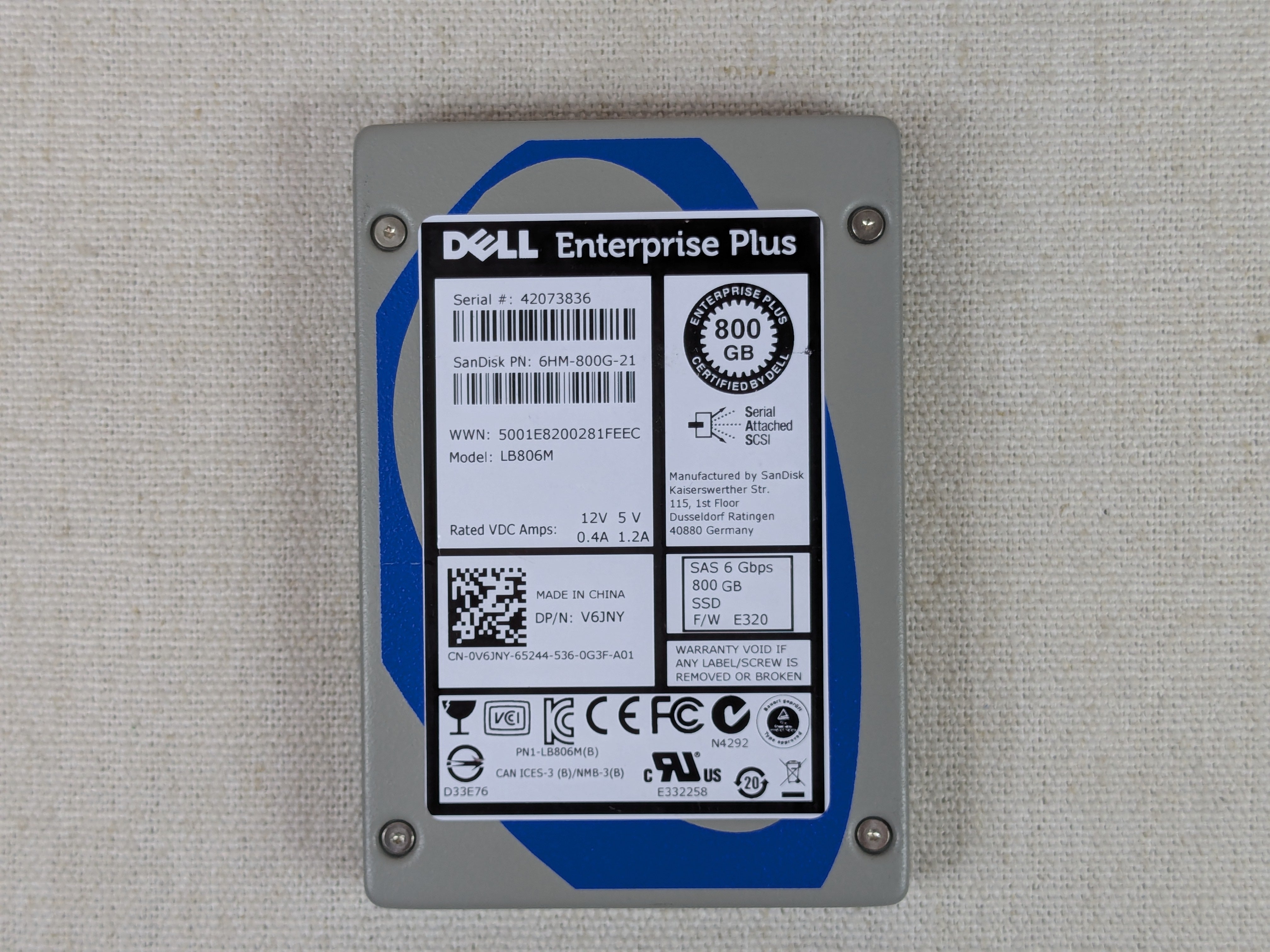Dell EqualLogic V6JNY 800GB 6Gb/s 2.5” SAS SSD SanDisk LB806M PS6100 PS4100