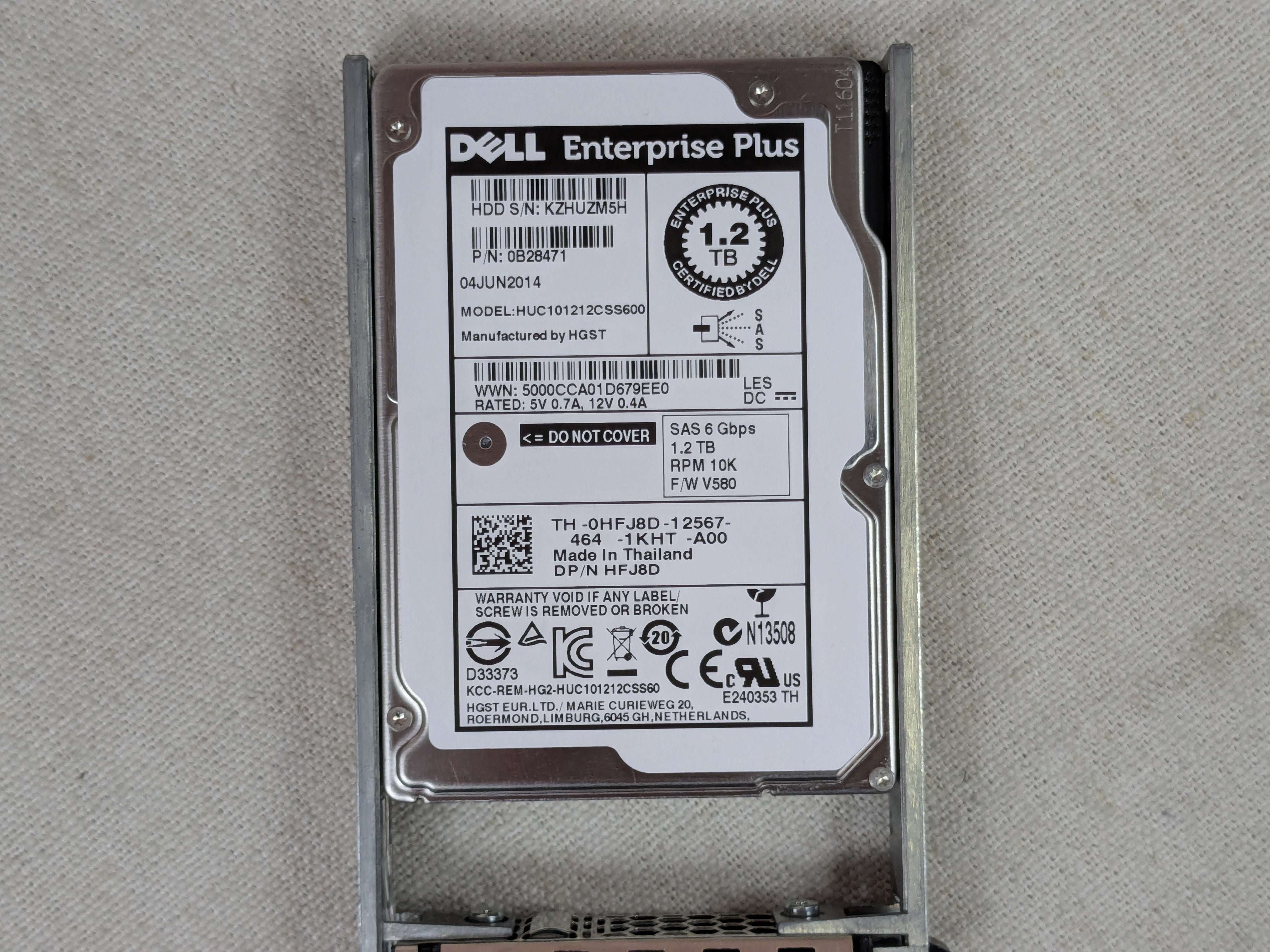 Dell EqualLogic 1.2TB 10K 6Gb/s 2.5" SAS Hard Drive HFJ8D / 0B28471 PS6100