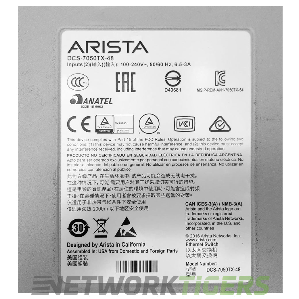 NEW Arista DCS-7050TX-48-R 32x 10GB Copper 4x 40GB QSFP+ B-F Airflow Switch