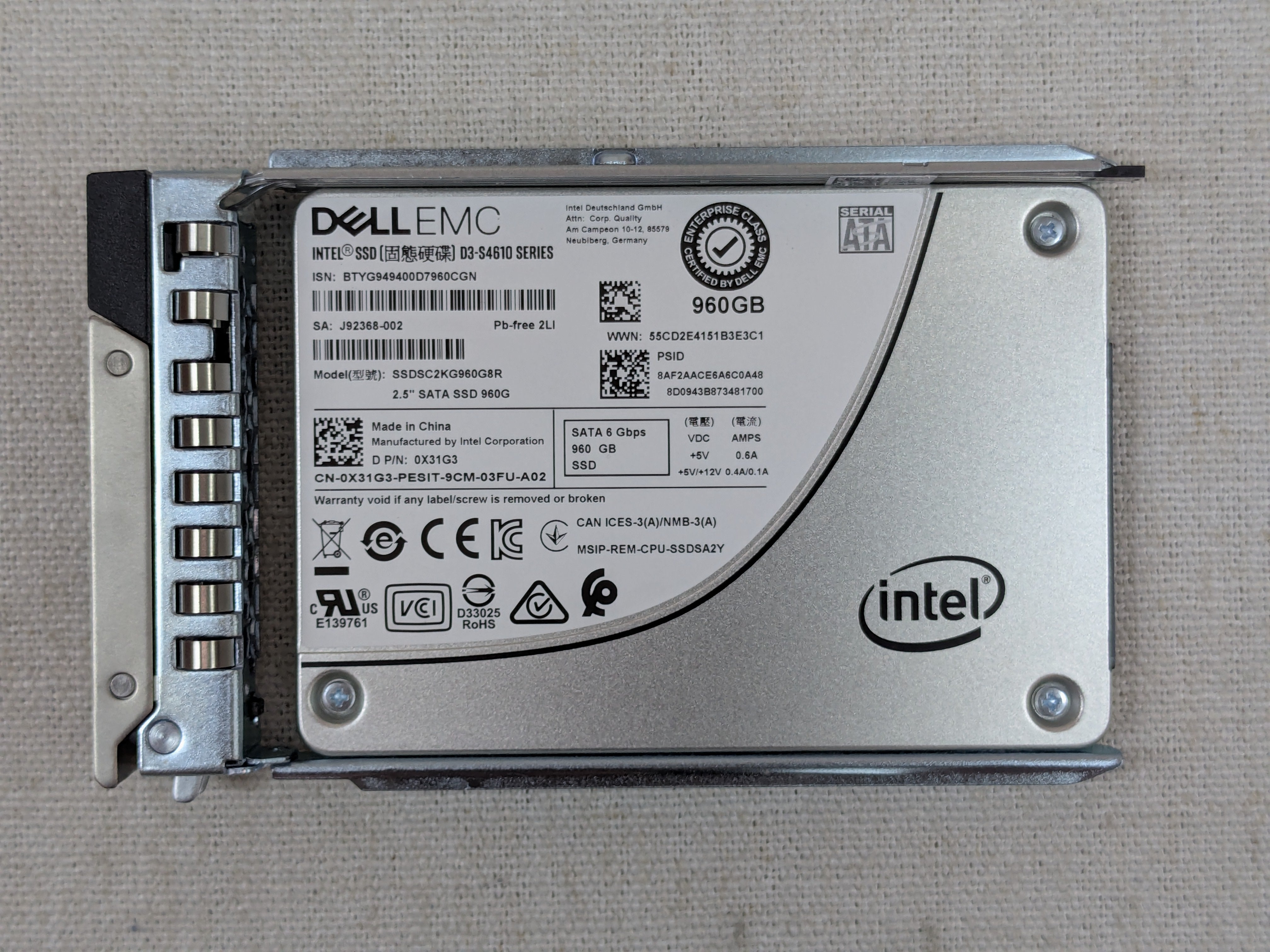 Dell X31G3 960GB 6Gb/s 2.5” SATA Mix Use SSD Intel S4610 SSDSC2KG960G8R 14G Tray