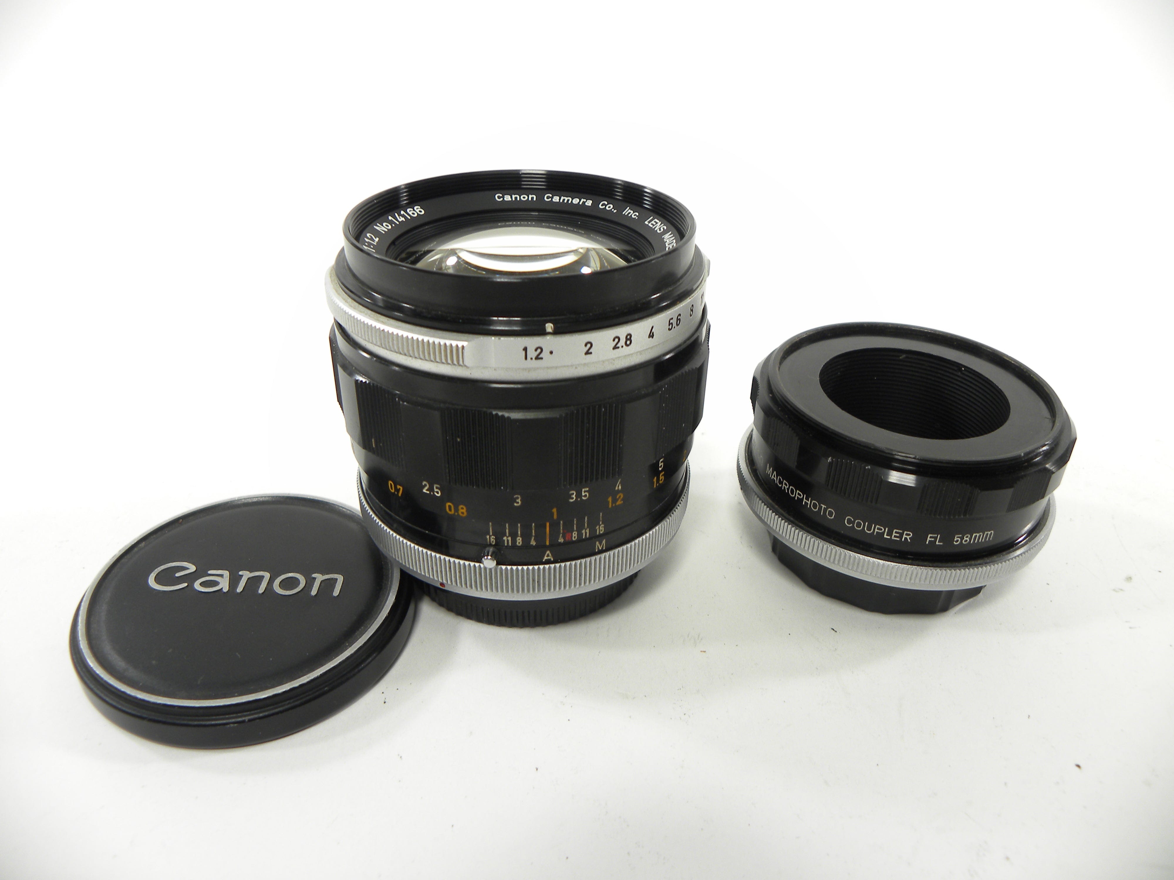 Canon FL 55mm f1.2 Lens w/Macrophoto Coupler 58mm Lens Reversal