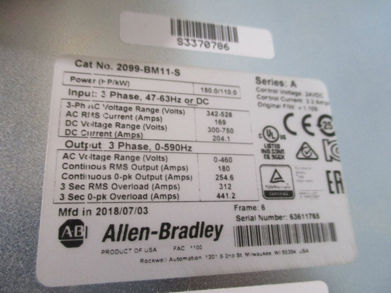 ALLEN BRADLEY 2099-BM11-S SER. A F/W 1.109 342-528V 169A UNMP